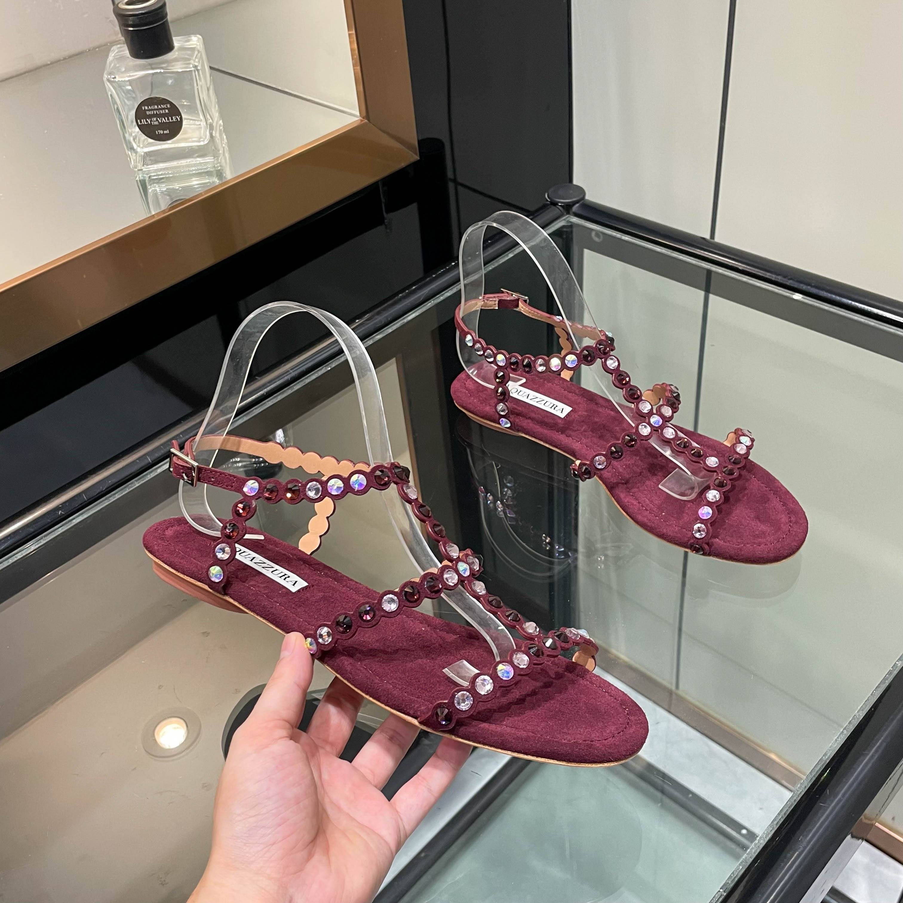 Aquazzura Burgundy Beaded Flat Sandals