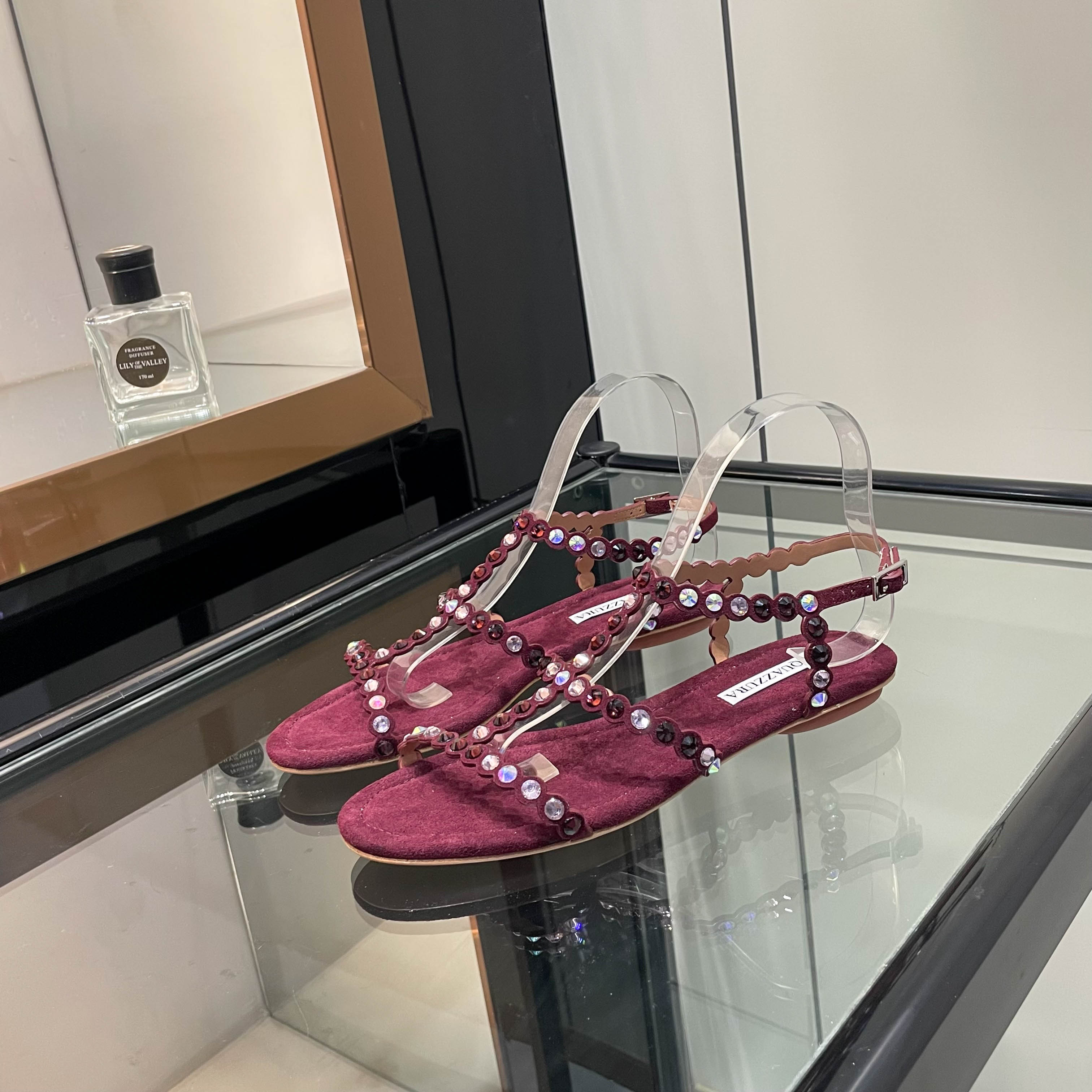Aquazzura Burgundy Beaded Flat Sandals