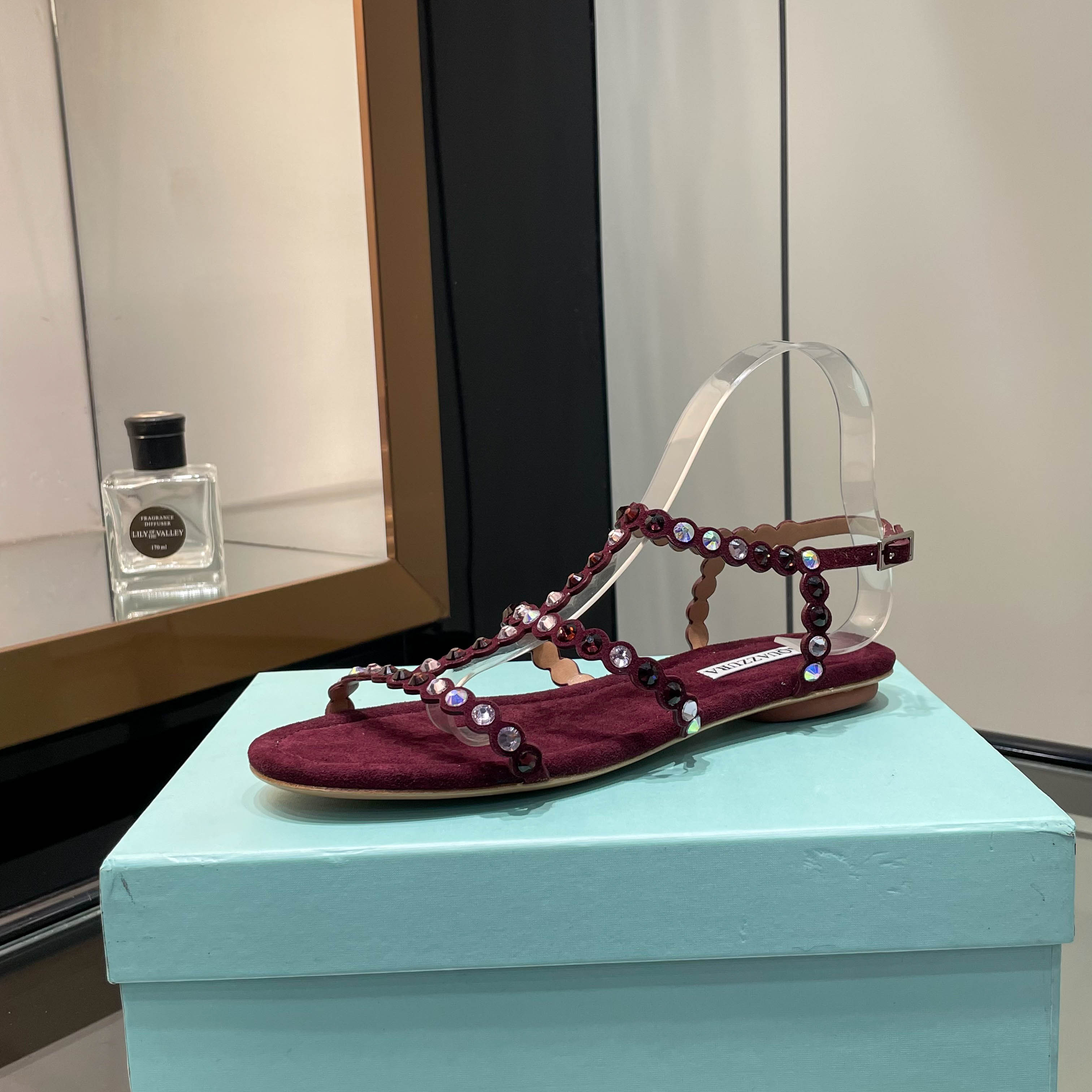 Aquazzura Burgundy Beaded Flat Sandals