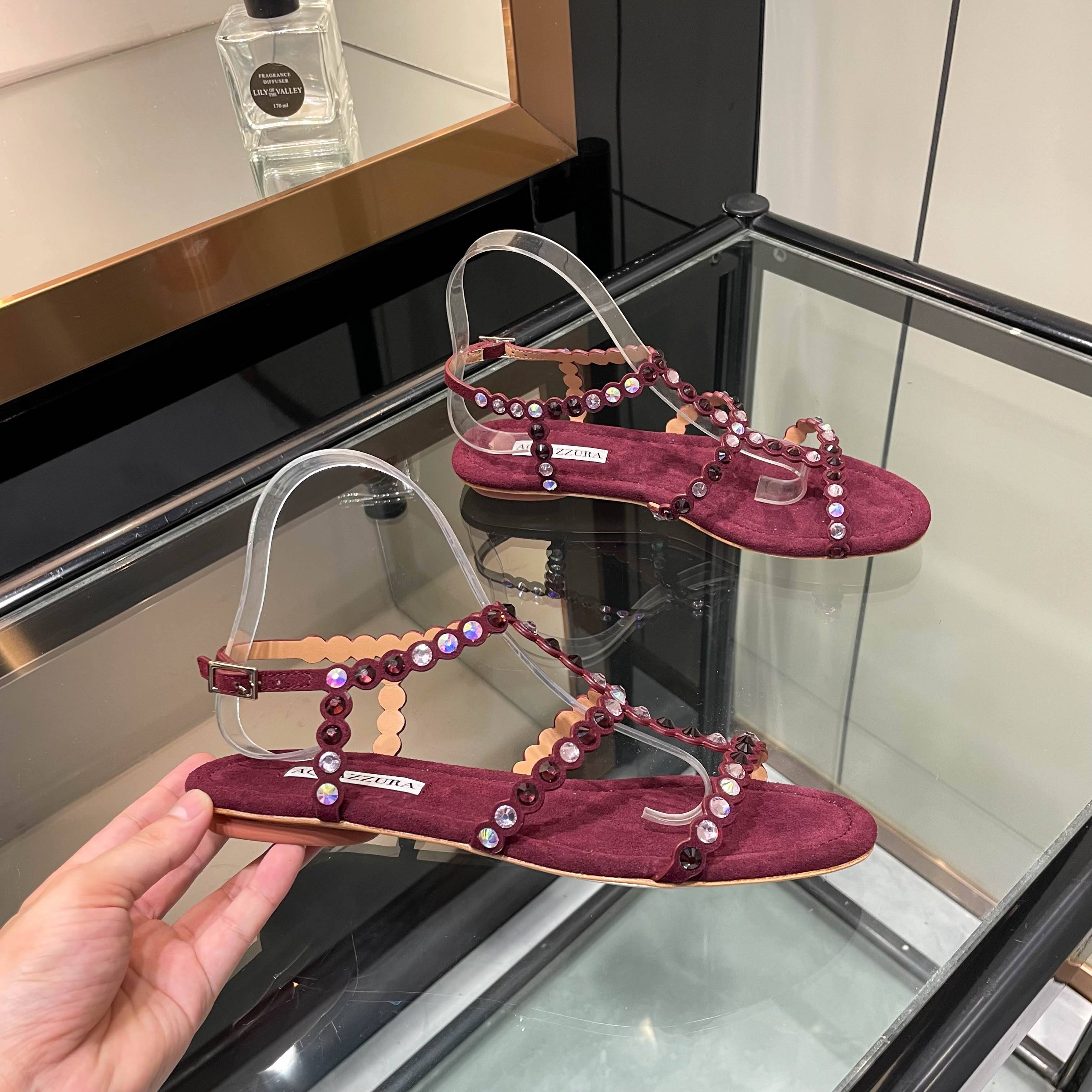 Aquazzura Burgundy Beaded Flat Sandals
