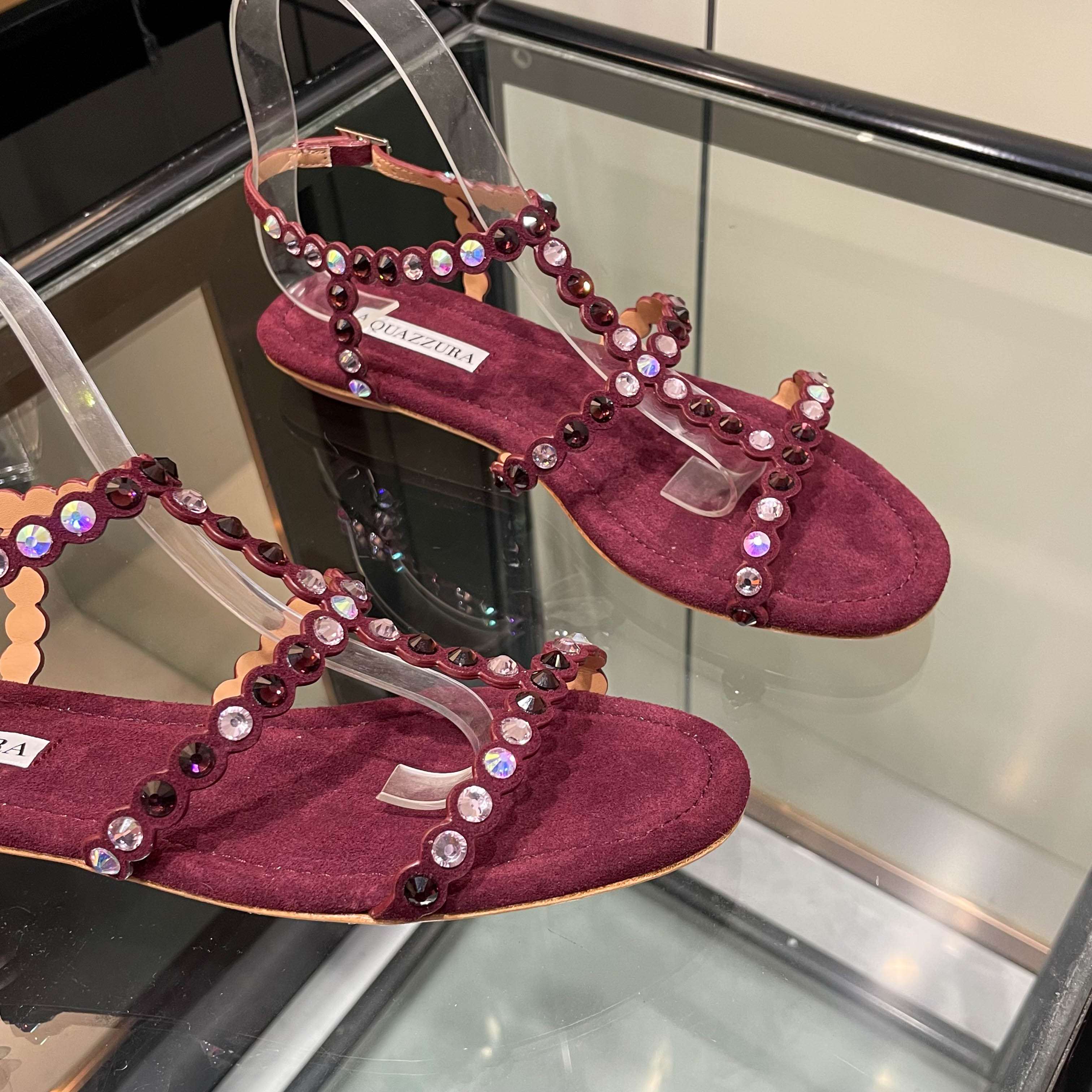 Aquazzura Burgundy Beaded Flat Sandals