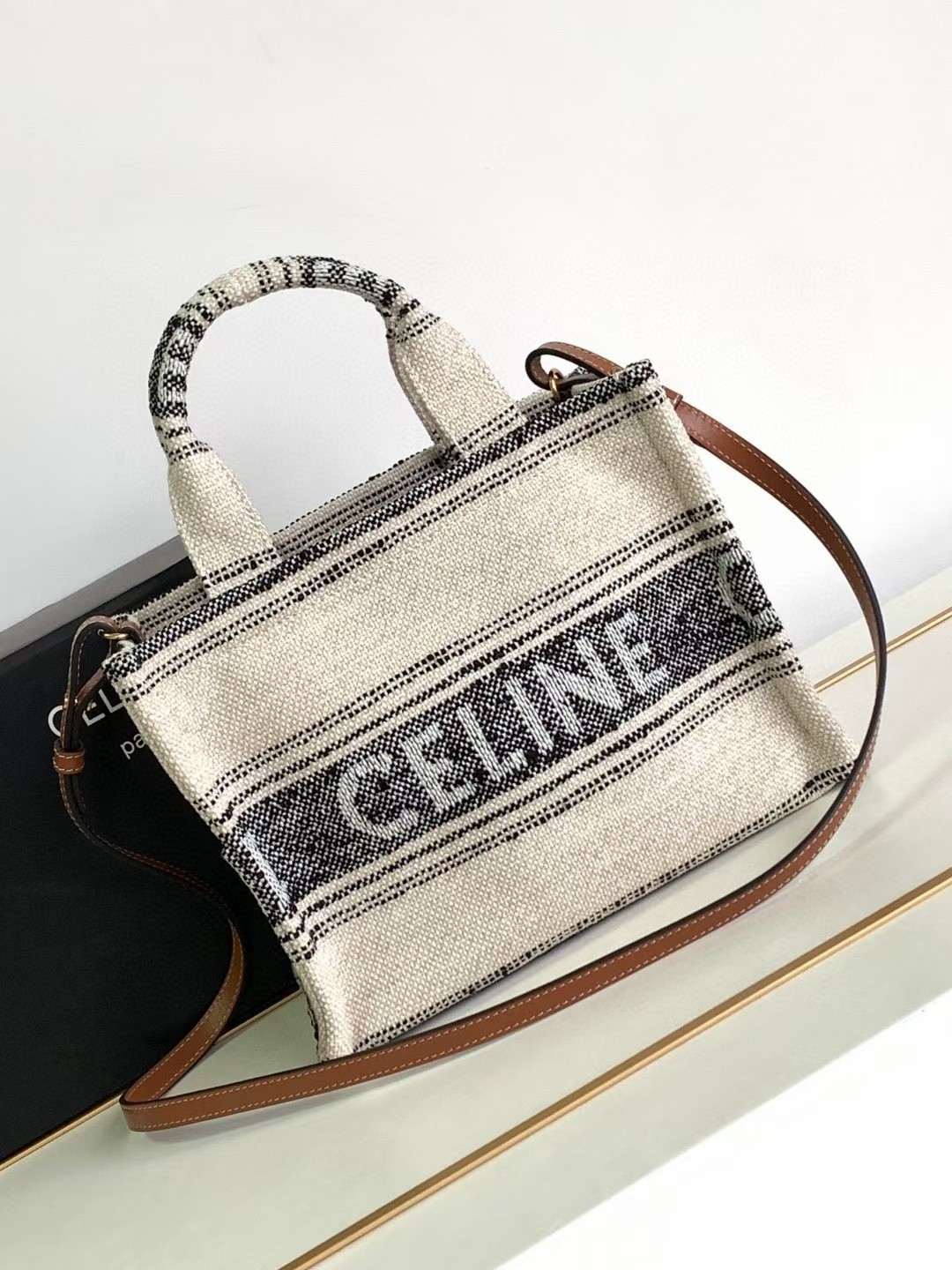 Celine Summer feedback58823s summer|CABAS THAIS small Arc de Triomphe striped fabric cowhide handbag