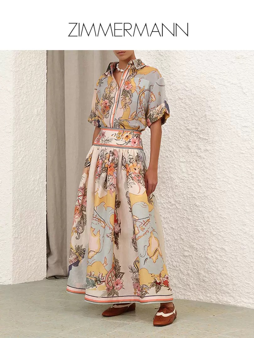 NO:328900,Model number G25040155 ZIMMERMA*N ZIMMERMA Australia brand high-end custom floral house pattern printing two-piece set!  Loose and fashionable buttoned lapel half-sleeved shirt top with wide waist spliced ​​pleated long skirt!  1.2.3.4/SMLXL (2 size shoulder width 48, bust 126, sleeve length 26, clothing length 71; waist 72, skirt length 98), skirt , skirt wang19860909款号G25040155 ZIMMERMA*N 兹默曼澳洲品牌高端定制花卉房屋图案印花两件套装！宽松时尚系扣翻领半袖衬衣上衣宽腰拼接压褶长款半身裙！1.2.3.4/SMLXL（2码肩宽48,胸围126,袖长26,衣长71；腰围72,裙长98）,,skirts,alexander wang,Women's clothing