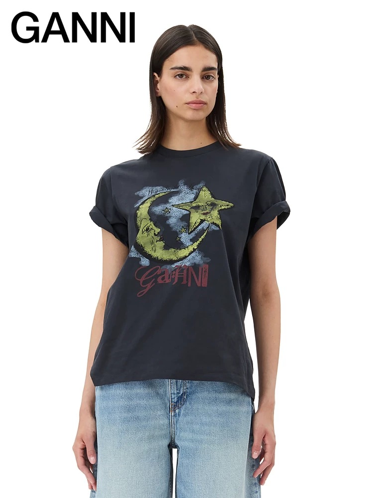 NO:623823,Model No. D25042358 GANN*I new high version cute and playful cartoon pattern moon star letter logo printed slim fit short-sleeved T-shirt top!  Black, (M size shoulder width 38, chest 94, sleeve length 19, clothing length 61) hair, T-shirt, tees, t-shirt, alexander wang19860909款号D25042358 GANN*I新款高版本可爱俏皮卡通图案月亮星星字母logo印花修身显瘦短袖t恤上衣！黑色,（M码肩宽38,胸围94,袖长19,衣长61）发,,T-shirt,tees，t-shirt,alexander wang,Women's clothing