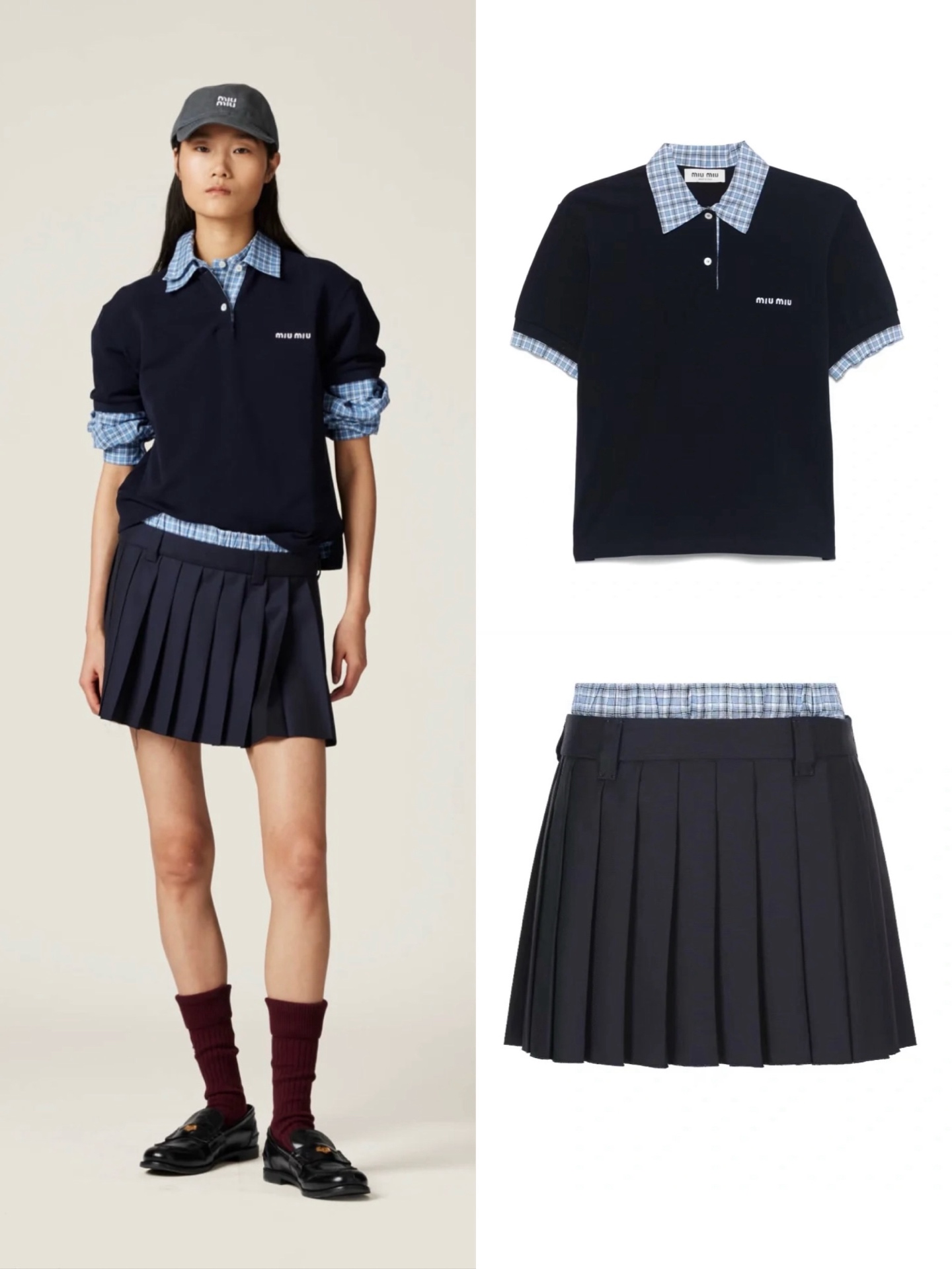 NO:334682,Model number D25051642 MiuMi* Miu Family New Style Star Li Landi’s same age-reducing playful fashion suit!  Plaid spliced ​​buckle lapel short-sleeved T-shirt top pleated pleated short skirt skirt!  Navy blue, (M size shoulder width 46, bust 98, sleeve length 23, garment length 63; waist 76, trousers length 37) hair, miumiu, skirts, T-shirt, tees, t-shirt, alexander wang19860909款号D25051642 MiuMi*缪家新款 明星李兰迪同款减龄俏皮时尚套装！格子拼接系扣翻领短袖t恤上衣压褶百褶短裙半身裙！藏蓝色,（M码肩宽46,胸围98,袖长23,衣长63；腰围76,裤长37）发,,miumiu,skirts,T-shirt,tees，t-shirt,alexander wang,Women's clothing