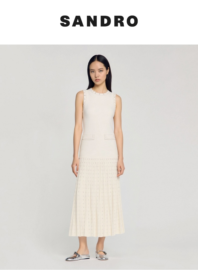 NO:411362,Model number D25052503 Sandr*o new style, high-end, heavy industry beaded decoration hollow pleated skirt, spliced ​​slim fit and slim sleeveless vest skirt, long knitted dress!  Black, white, (Size S bust 78, waist 70, skirt length 124) hair, skirts, alexander wang19860909款号D25052503 Sandr*o新款 高级感重工钉珠装饰镂空压褶裙摆拼接修身显瘦无袖背心裙长款针织连衣裙！黑色、白色、（S码胸围78,腰围70,裙长124）发,,skirts,alexander wang,Women's clothing