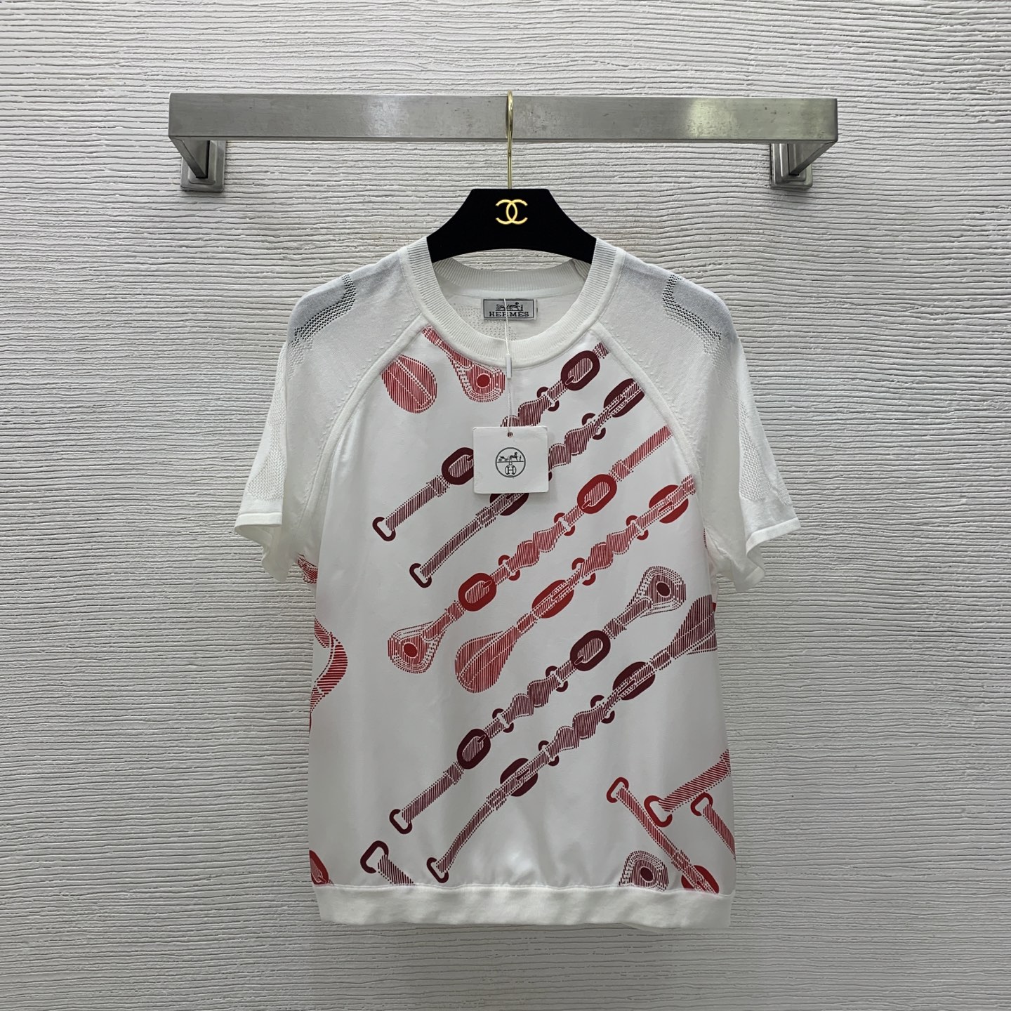 NO:417458,Model number G25052683 Hermè* new high-end custom fabric 19 Mmi silk twill spliced ​​mesh hollow knitted fabric, H-home belt pattern printed round neck pullover short-sleeved sweater top!  Dark brown, white, (M size bust 100, rotator sleeve 30, 59-length length) hair, hermes, T-shirt, real silk, alexander wang19860909款号G25052683 Hermè*新款 高端定制面料19姆米真丝斜纹绸拼接网眼镂空针织面料、H家皮带图案印花圆领套头短袖针织衫上衣！深咖色、白色、（M码胸围100,连肩袖30,衣长59）发,,hermes,T-shirt,real silk,alexander wang,Women's clothing