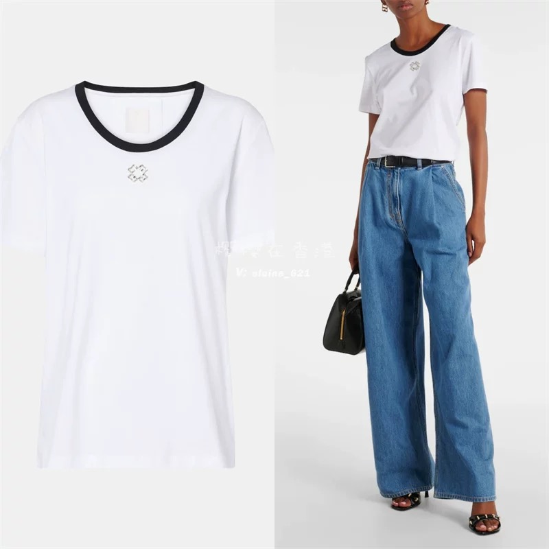 NO:425051,Model number G25061072 Givench*y new model, high-end customized contrasting color edging diamond decoration, slim and short-sleeved T-shirt top!  White, (Size S bust 88, sleeve length 18, clothing length 59) hair, given, T-shirt,tees,t-shirt,alexander wang19860909款号G25061072 Givench*y新款 高端定制撞色包边镶钻装饰修身显瘦短袖t恤上衣！白色,（S码胸围88,袖长18,衣长59）发,,givenchy,T-shirt,tees，t-shirt,alexander wang,Women's clothing