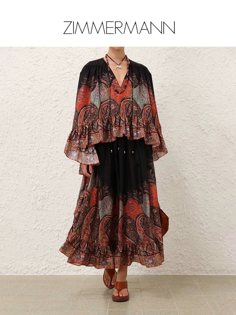 NO:428285,Model number G25061387 ZIMMERMA*N ZIMMERMA Australian brand high-end custom fashion retro print two-piece set!  Ruffled spliced ​​lantern sleeves V-neck long sleeve shirt top irregular large sway high waist long skirt (pockets on both sides) 1.2.3.4/SMLXL (2 size shoulder width 51, bust 164, sleeve length 54, front length 64/71; waist 70 elastic, skirt length 99), skirt, skirt length 1, skirt, skirt19860909款号G25061387 ZIMMERMA*N兹默曼澳洲品牌高端定制时尚复古印花两件套装！荷叶边拼接灯笼袖V领长袖衬衣上衣不规则大摆高腰长款半身裙(两侧有口袋） 1.2.3.4/SMLXL（2码肩宽51,胸围164,袖长54,前衣长64/71；腰围70松紧,裙长99）发,,skirts,alexander wang,Women's clothing