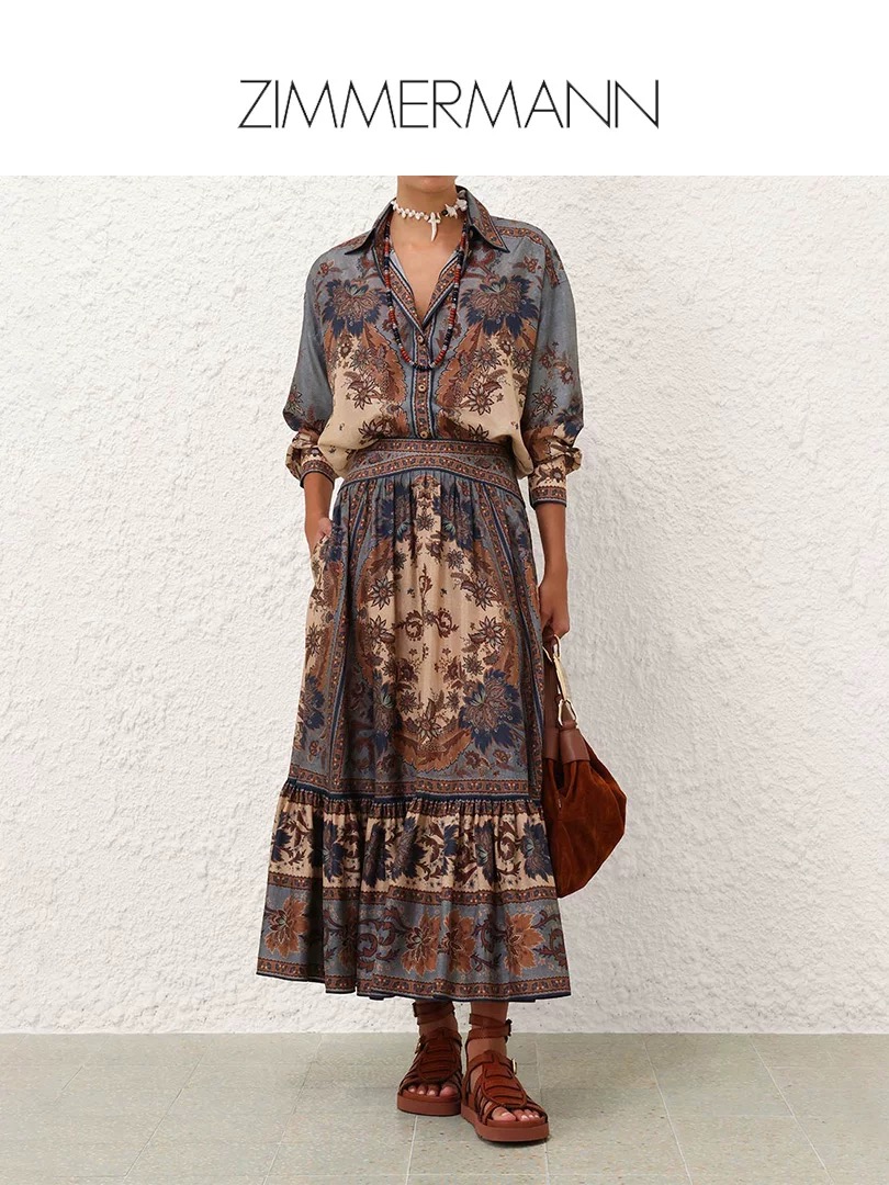 NO:427387,Model number G25061346 ZIMMERMA*N ZIMMERMA Australian brand high-end custom fashion retro print two-piece set!  Loose and fashionable buttoned lapel long sleeve shirt top ruffled spliced ​​high waist long skirt (pockets on both sides) 1.2.3.4/SMLXL (M size front bust 112/118, sleeve length 57, 75; waist 72, skirt length 96) hair, skirt , skirt wang19860909款号G25061346 ZIMMERMA*N兹默曼澳洲品牌高端定制时尚复古印花两件套装！宽松时尚系扣翻领长袖衬衣上衣荷叶边拼接高腰长款半身裙(两侧有口袋） 1.2.3.4/SMLXL（M码前胸围112/118,袖长57,衣长75；腰围72,裙长96）发,,skirts,alexander wang,Women's clothing