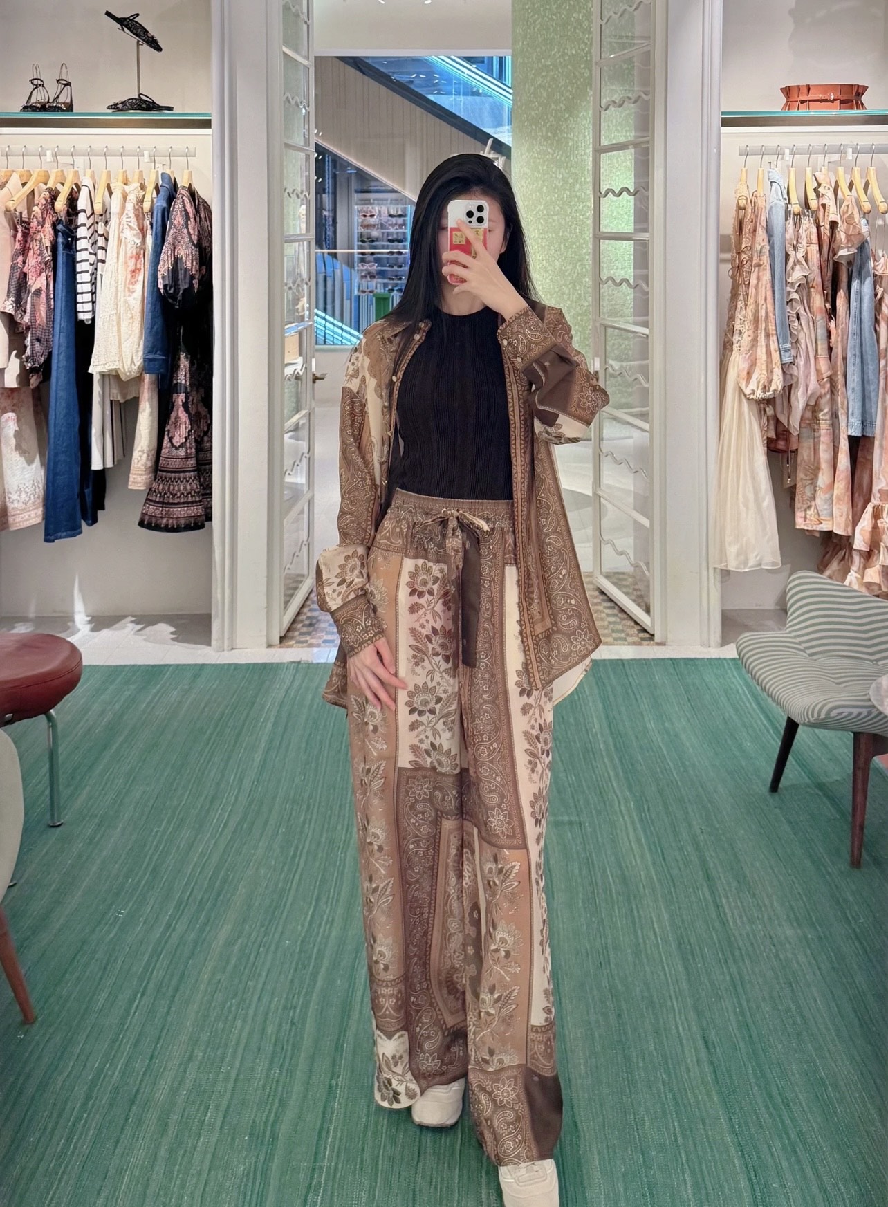 NO:430321,Model number D25061743 ZIMMERMA*N ZIMMERMA Australia brand high-end customized cotton and linen breathable fabric, fashionable retro printing two-piece set!  Loose and versatile button-down lapel long sleeve shirt elastic waist wide-leg pants long trousers (pockets on both sides of the trousers) 1.2.3.4/SMLXL (2 size front bust 118/126, sleeve length 54, 78; waist 66 elastic, hip 100, trousers length 108), alexander wang19860909款号D25061743 ZIMMERMA*N 兹默曼澳洲品牌高端定制棉麻透气面料、时尚复古印花两件套装！宽松百搭系扣翻领长袖衬衣松紧腰阔腿裤长裤（裤两侧有口袋）1.2.3.4/SMLXL（2码前胸围118/126,袖长54,衣长78；腰围66松紧,臀围100,裤长108）发,,alexander wang,Women's clothing