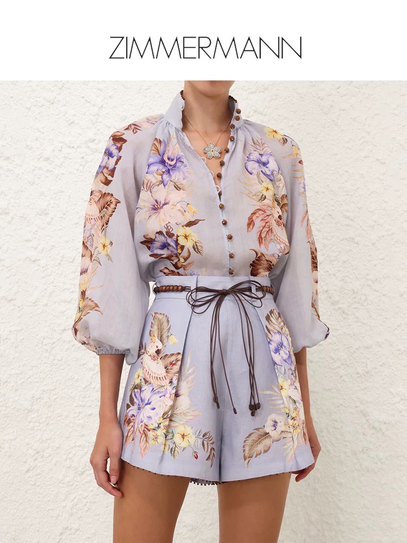 NO:430993,Model number G25061838 ZIMMERMA*N Australia brand High-end custom cotton and linen blend floral print temperament two-piece set!  Buttoned placket stand collar lantern sleeves loose slimming shirt with high waist pleated wide-leg shorts with belt!  1.2.3.4/SMLXL (2 size bust 114, sleeve length 58, clothing length 65; waist 70, hip 106, pants length 40) hair, shorts, alexander wang19860909款号G25061838 ZIMMERMA*N兹默曼澳洲品牌 高端定制棉麻混纺花卉印花气质两件套装！系扣门襟立领灯笼袖宽松显瘦衬衣高腰压褶阔腿短裤配腰带！1.2.3.4/SMLXL（2码胸围114,袖长58,衣长65；腰围70,臀围106,裤长40）发,,shorts,alexander wang,Women's clothing