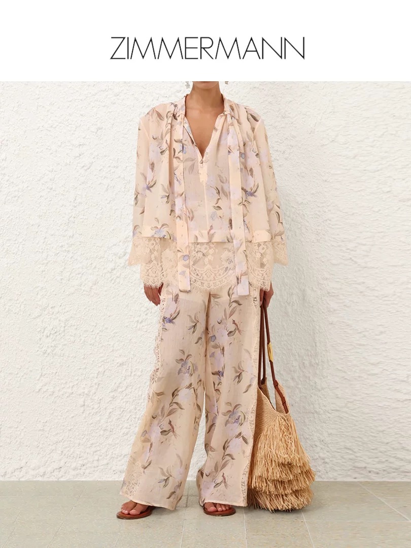 NO:434209,Model number D25062319 ZIMMERMA*N High-end custom cotton and linen fabrics are breathable and comfortable!  Lace lace splicing and fashionable temperament two-piece suit!  Loose and versatile buckle-fitting long-sleeved shirt with hollow high-waisted fashionable wide-leg pants and trousers on both sides!  1.2.3.4/SMLXL (2 size shoulder width 44, bust 136, sleeve length 53, clothing length 75; waist 72, hip 98, pants length 108) hair, alexander wang19860909款号D25062319 ZIMMERMA*N 兹默曼澳洲品牌高端定制棉麻面料透气舒适！蕾丝花边拼接时尚气质两件套装！宽松百搭系扣绑带领长袖衬衣两侧镂空高腰时尚阔腿裤长裤！1.2.3.4/SMLXL（2码肩宽44,胸围136,袖长53,衣长75；腰围72,臀围98,裤长108）发,,alexander wang,Women's clothing