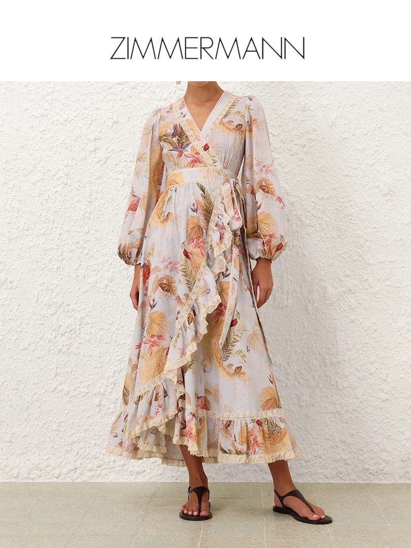 NO:434671,Model number G25062487 ZIMMERMAN*Zimmerman Australian Brand High-end custom cotton blend fabric, lace lace ruffle splicing, fashionable printed one-piece wrap lace lace waist-closing slimming lantern sleeves V-neck long dress!  1.2.3.4/SMLXL (2-size bust 88~92, waist circumference 70 or more, sleeve length 59, skirt length 140; inner bust 88 high elasticity, length 68 without shoulder straps) hair, skirts, alexander wang19860909款号G25062487 ZIMMERMAN*兹默曼澳洲品牌 高端定制棉质混纺面料、蕾丝花边荷叶边拼接时尚印花一片式包裹系带收腰显瘦灯笼袖V领长款连衣裙！1.2.3.4/SMLXL（2码胸围88～92,腰围70以上,袖长59,裙长140；内搭胸围88高弹力,长度68不含肩带）发,,skirts,alexander wang,Women's clothing