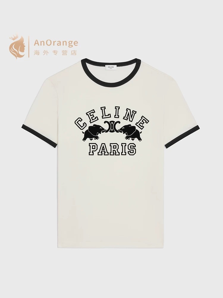 NO:443440,Model number G25071276 Celin* new model high-version classic Arc de Triomphe letter logo flocking pattern contrasting color edged fashion casual short-sleeved T-shirt top!  Black, white, (Size S shoulder width 38, bust 88, sleeve length 17, clothing length 59), celine, T-shirt,tees, t-shirt,alexander wang19860909款号G25071276 Celin*思琳新款 高版本经典凯旋门小象字母logo植绒图案撞色包边时尚休闲短袖t恤上衣！黑色、白色、（S码肩宽38,胸围88,袖长17,衣长59）,,celine,T-shirt,tees，t-shirt,alexander wang,Women's clothing