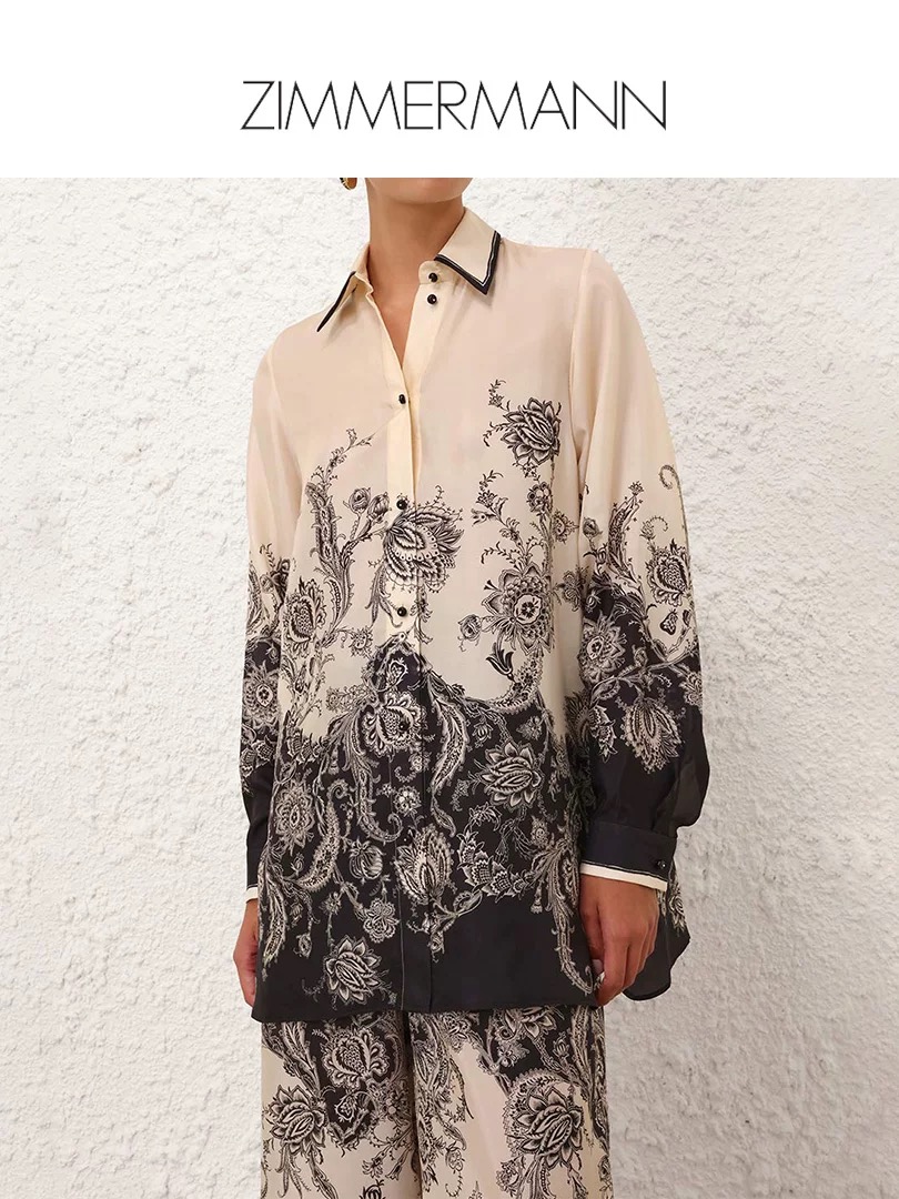 NO:453851,Model number D25072487 ZIMMERMA*N ZIMMERMA Australia Brand High-end custom silk blend smooth silk satin fabric fashionable retro print fashionable two-piece set!  Contrast colored lapels loose and versatile long-sleeved shirt drawstring elastic waist loose wide-leg pants trousers!  1.2.3.4/SMLXL (2 size shoulder width 37, bust 130, sleeve length 62, garment length 79, waist 70 elastic, trousers length 106) hair, real silk, alexander wang19860909款号D25072487 ZIMMERMA*N 兹默曼澳洲品牌 高端定制真丝混纺光滑丝缎面料时尚复古印花时尚两件套装！撞色边翻领宽松百搭长袖衬衣抽绳松紧腰宽松阔腿裤长裤！1.2.3.4/SMLXL（2码肩宽37,胸围130,袖长62,衣长79,腰围70松紧,裤长106）发,,real silk,alexander wang,Women's clothing