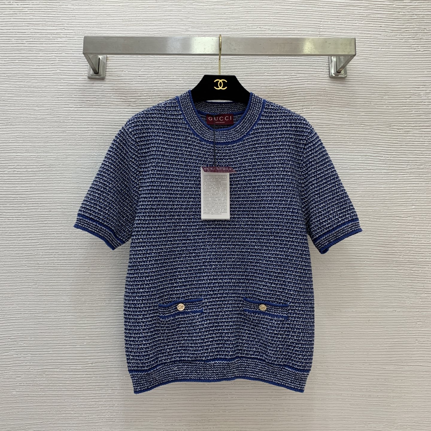 NO:457382,Model number G25072973 GUCC* new model is available for autumn and winter!  High-version custom color mixed knitted fabric GG metal buckle double pocket round neck pullover short-sleeved sweater top!  Blue, (M size shoulder width 40, bust 94, sleeve length 23, clothing length 57, gucci, T-shirt, alexander wang19860909款号G25072973 GUCC*新款秋冬上新！高版本定制混色针织面料GG金属扣双口袋圆领套头短袖针织衫上衣！蓝色,（M码肩宽40,胸围94,袖长23,衣长57,,gucci,T-shirt,alexander wang,Women's clothing