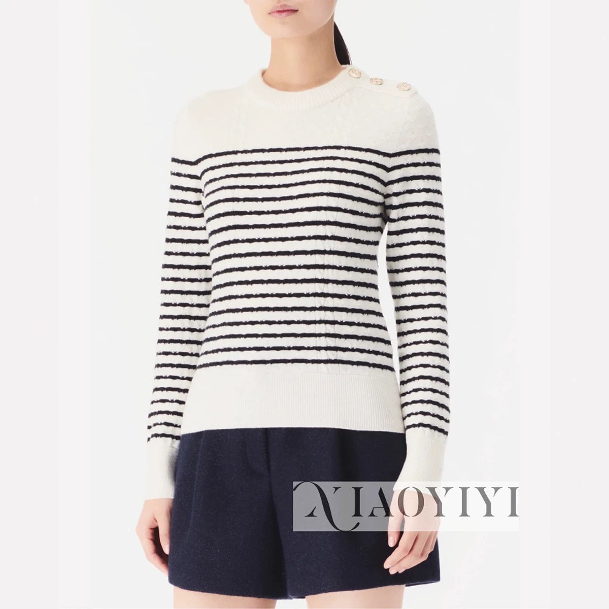 NO:474269,Model number G25082674 Chane* new high-end custom cashmere blended yarn fabric, one-shoulder buckle twisted air-contrast striped pullover long-sleeved sweater top!  Black, beige, 36-38-40 (38 size shoulder width 39, bust 90, sleeve length 62, 57) hair, chanel, alexander wang19860909款号G25082674 Chane*新款高端定制山羊绒混纺纱线面料、单肩系扣麻花挑空撞色条纹套头长袖针织衫上衣！黑色、米色、36-38-40（38码肩宽39,胸围90,袖长62,衣长57）发,,chanel,alexander wang,Women's clothing