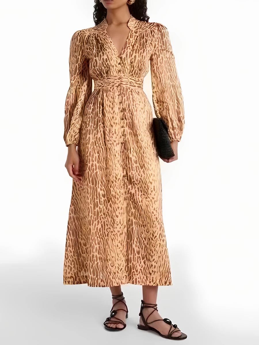 NO:478962,Model number D25082958 ZIMMERMA*N custom cotton-linen blend fabric, fashionable leopard print waist-hugging slim large skirt with V-neck long-sleeved dress!  (M size shoulder width 36, bust 90, waist 78, sleeve length 60, skirt length 132) hair, skirt, skirt, alexander wang19860909款号D25082958 ZIMMERMA*N兹默曼澳洲品牌定制棉麻混纺面料、时尚豹纹印花收腰显瘦大裙摆V领长袖连衣裙！ （M码肩宽36,胸围90,腰围78,袖长60,裙长132）发,,skirts,alexander wang,Women's clothing