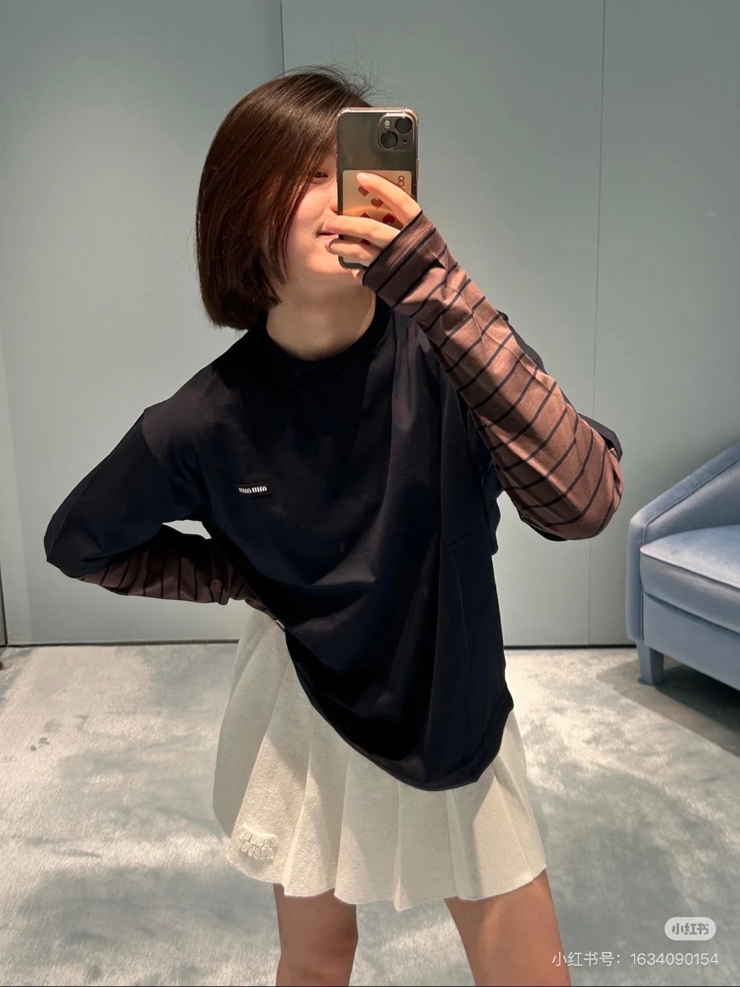 NO:488178,Model number G25090585 MiuMi* Miujia Early Autumn New High-end Customized Fabric Letter Logo Loose Fashion Fake Two-piece Long Sleeve T-shirt Top!  Navy blue, (M size shoulder width 43, bust 100, sleeve length 60, clothing length 64) hair, miumiu,tees, t-shirt,alexander wang19860909款号G25090585 MiuMi*缪家早秋新款 高端定制面料字母logo徽标宽松时尚假两件长袖t恤上衣！藏蓝色,（M码肩宽43,胸围100,袖长60,衣长64）发,,miumiu,tees，t-shirt,alexander wang,Women's clothing