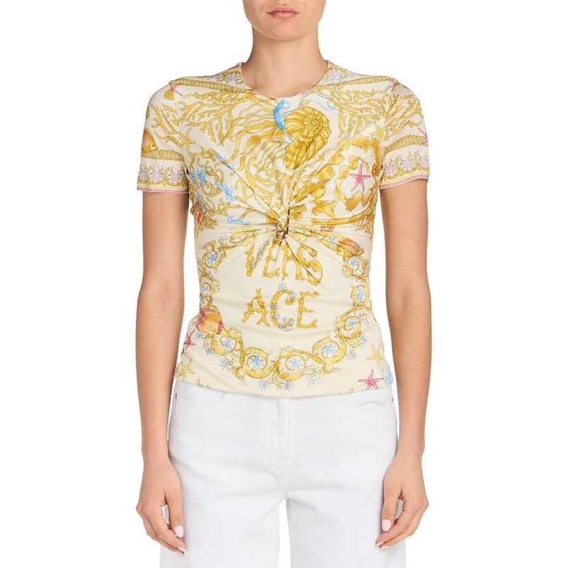 NO:534927,Model number D25091596 VAESAC* newest model Baroque pattern starfish shell print, chest pin kink design back zipper slim fit short-sleeved T-shirt top!  (M size shoulder width 36, bust 80 tiled back, sleeve length 16, clothing length 56) hair, T-shirt, tees, t-shirt, alexander wang19860909款号D25091596 VAESAC*新款 巴洛克图案海星贝壳印花、胸前别针扭结设计后背拉链修身显瘦短袖t恤上衣！ （M码肩宽36,胸围80背面平铺,袖长16,衣长56）发,,T-shirt,tees，t-shirt,alexander wang,Women's clothing