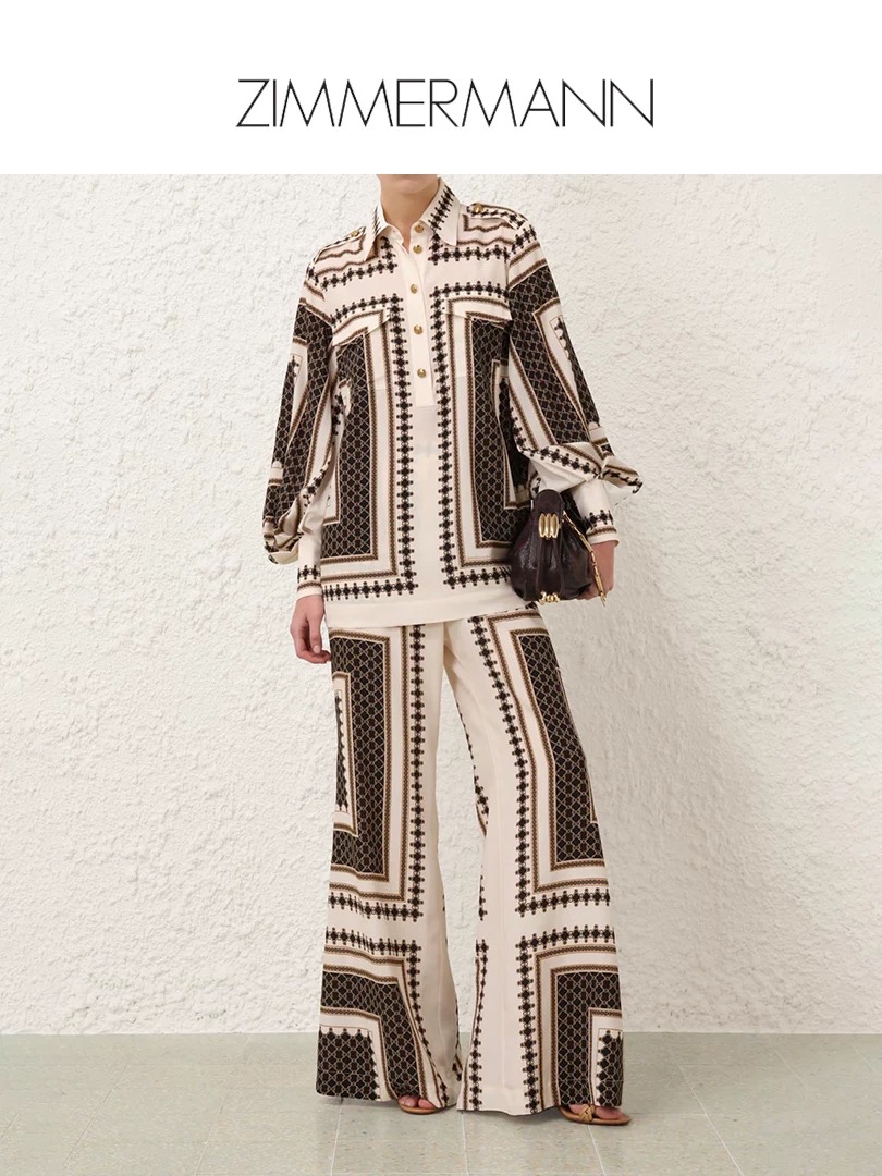 NO:501480,Model number G25091518 ZIMMERMA*N ZIMMERMA Australia brand High-end custom retro print fashionable temperament two-piece set!  buckle placket lapel loose and versatile long-sleeved shirt top with pockets on both sides of the buckle placket high-waisted flared trousers!  1.2.3.4/SMLXL (2 size shoulder width 39, bust 110, sleeve length 68, clothing length 70; waist 74, pants length 110) hair, alexander wang19860909款号G25091518 ZIMMERMA*N 兹默曼澳洲品牌 高端定制复古印花时尚气质两件套装！系扣门襟翻领宽松百搭长袖衬衣上衣两侧插口袋系扣门襟高腰喇叭长裤！1.2.3.4/SMLXL（2码肩宽39,胸围110,袖长68,衣长70；腰围74,裤长110）发,,alexander wang,Women's clothing