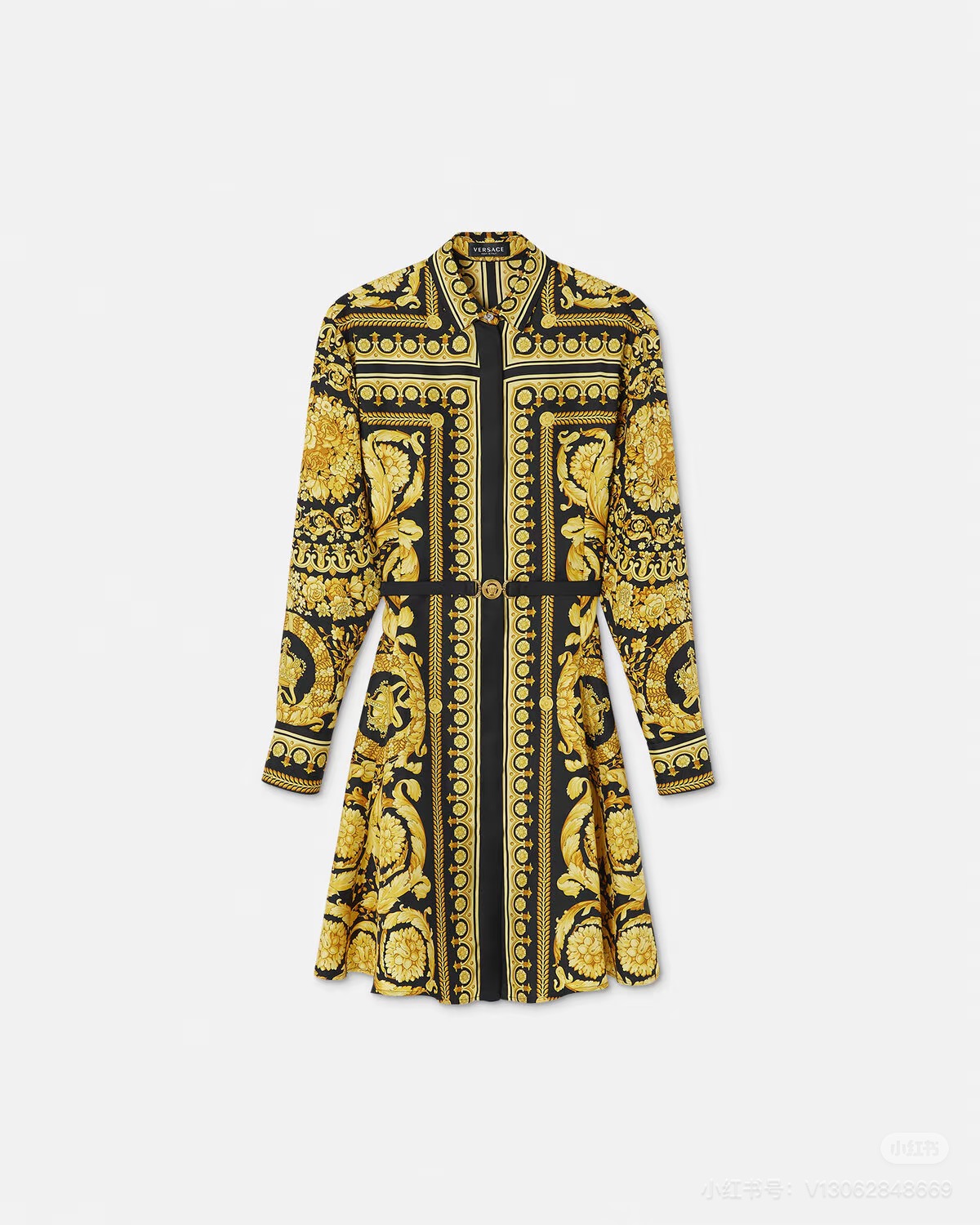 NO:564993,Style No. D25101287 Versac* new classic Medusa head gold buckle Baroque retro print fashion versatile buttoned lapel long-sleeved dress with belt!  (M size shoulder width 39, bust 100, sleeve length 61, skirt length 89) Hair,,versace,skirts,alexander wang19860909款号D25101287 Versac*新款 经典美杜莎头像金扣巴洛克复古印花时尚百搭系扣翻领长袖连衣裙配腰带！ （M码肩宽39,胸围100,袖长61,裙长89）发,,versace,skirts,alexander wang,Women's clothing