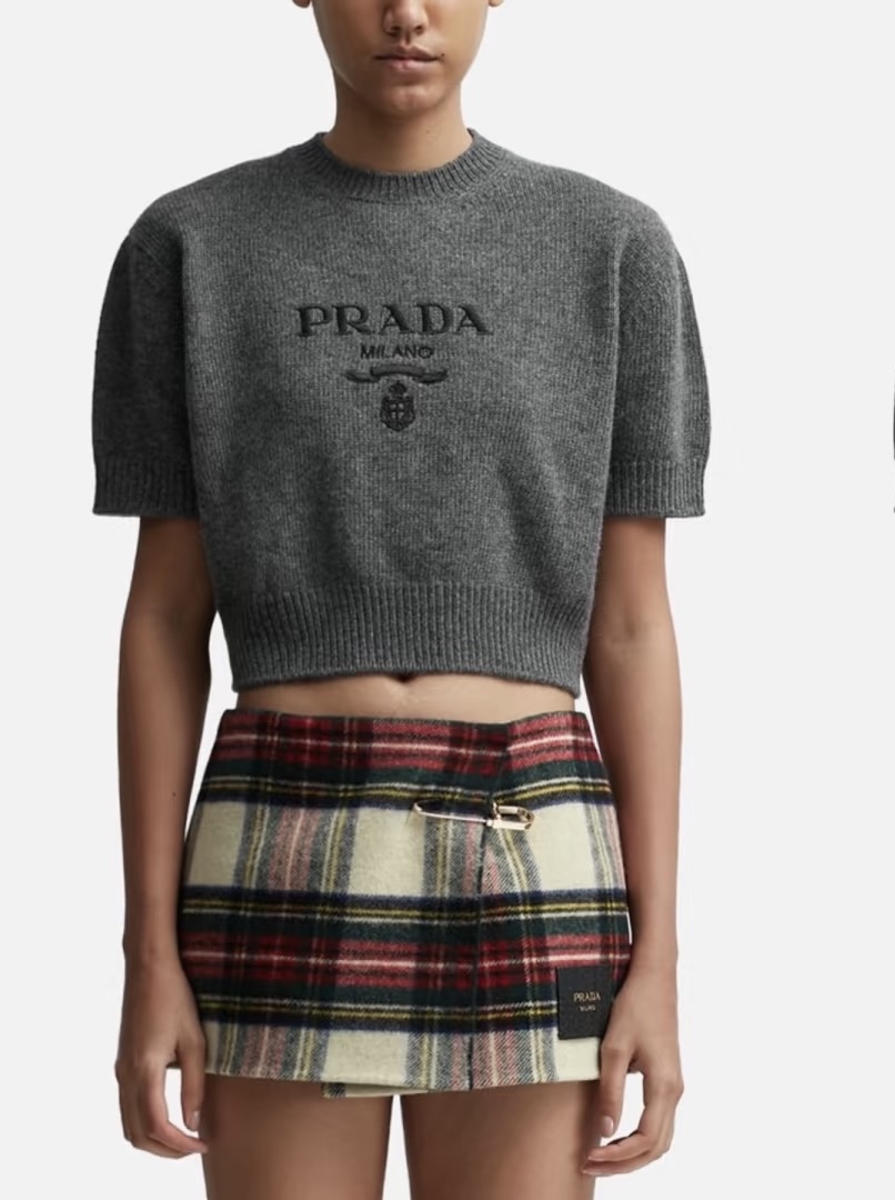 NO:608693,Model No. G25112046 PRAD* new high-end customized wool yarn fabric, precision embroidered logo short pullover round neck short-sleeved sweater top!  Gray, red, (M size bust 94, sleeve length 20, dress length 48) hair, prada, T-shirt, alexander wang19860909款号G25112046 PRAD*新款 高端定制羊毛纱线面料、精密刺绣logo徽标短款套头圆领短袖针织衫上衣！灰色、红色、（M码胸围94,袖长20,衣长48）发,,prada,T-shirt,alexander wang,Women's clothing