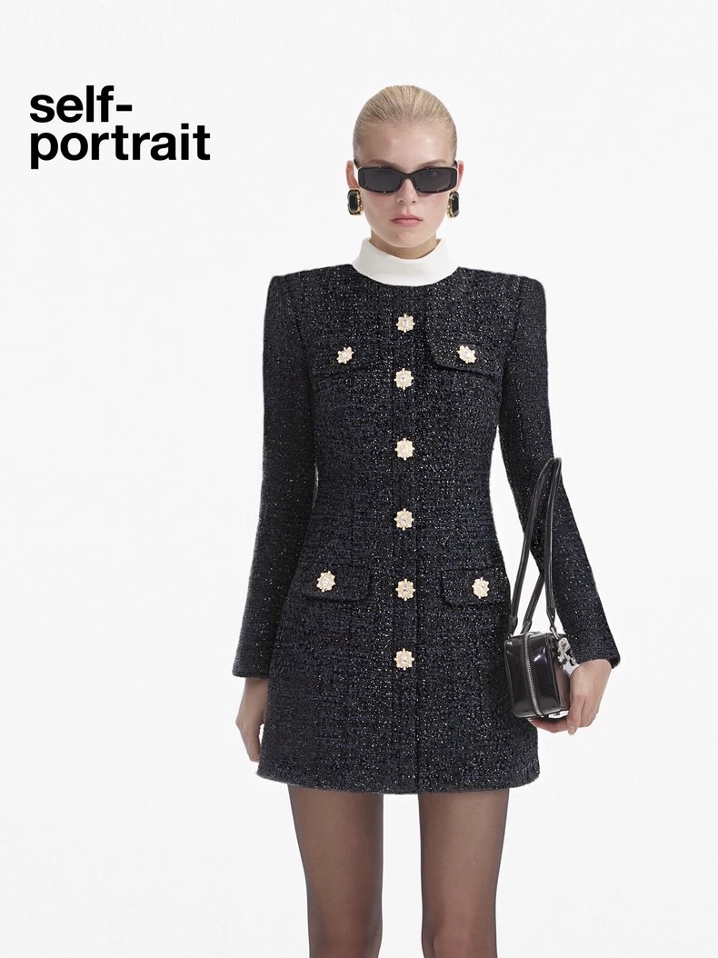 NO:625381,Style No. G25112985 Self-portrai* new autumn and winter model, SP's high-end custom glitter woven woolen fabric, luxurious and high-end gemstones, pearls and diamond buttons, contrasting flanging, small high collar, slim fit and slim long-sleeved dress!  Black, (size S, shoulder width 35 with shoulder pads, bust 84, waist 74, sleeve length 55, skirt length 89) hair, skirts, alexander wang19860909款号G25112985 Self-portrai*秋冬新款 SP家高端定制闪丝编织粗纺面料、奢华高级感宝石珍珠镶钻纽扣撞色翻边小高领修身显瘦长袖连衣裙！黑色, （S码肩宽35有垫肩,胸围84,腰围74,袖长55,裙长89）发,,skirts,alexander wang,Women's clothing