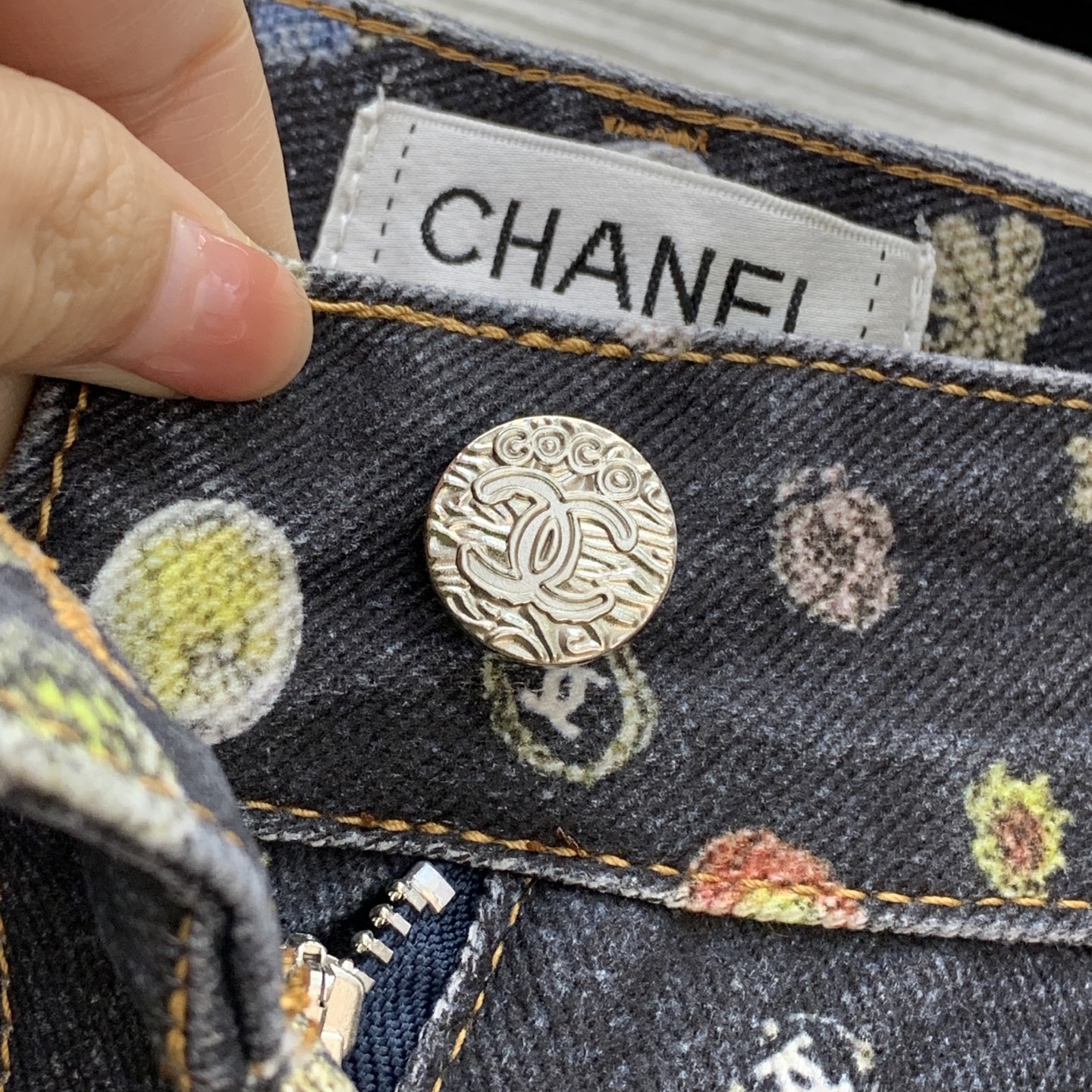 款号G CHANE*L新款 高端定制彩色图案小香包包双C花朵印花 中高腰直筒牛仔裤长裤！36.38.40