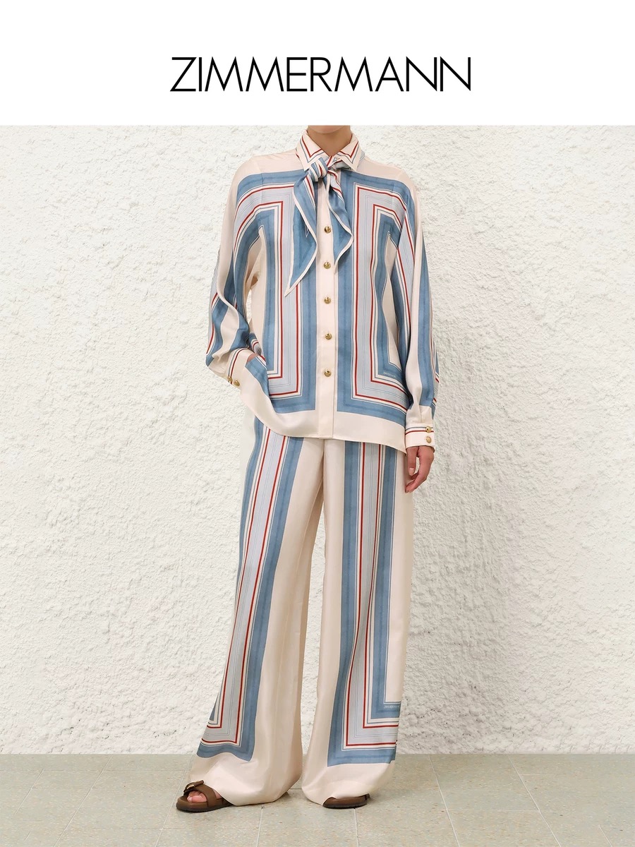 NO:628765,Style number D25120287 ZIMMERMA*N Zimmerman Australian brand high-end customized geometric pattern printing contrasting stripes fashionable two-piece suit!  Loose fit buttoned lapel long-sleeved shirt (delivered with silk scarf) drawstring elastic waist loose wide-leg trousers!  1.2.3.4/SMLXL (M size bust 122, sleeve length 66, dress length 69; waist 70 can be elasticated, hip 108, pants length 108) Posted by,,alexander wang19860909款号D25120287 ZIMMERMA*N 兹默曼澳洲品牌 高端定制几何图案印花撞色条纹时尚两件套装！宽松版系扣翻领长袖衬衣（配送丝巾领巾）抽绳松紧腰宽松阔腿裤长裤！1.2.3.4/SMLXL（M码胸围122,袖长66,衣长69；腰围70可松紧,臀围108,裤长108）发,,alexander wang,Women's clothing