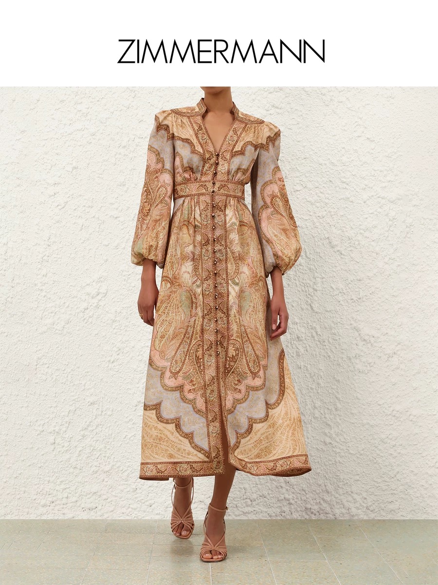 NO:638559,Model No. G25120828 ZIMMERMA*N Australian brand, high-end customized cotton and linen blended fabrics, fashionable retro pattern prints, buttoned placket, V-neck, slim waist, long-sleeved dress with lantern sleeves and wide swing!  1.2.3.4/SMLXL (size 2 shoulder width 37, bust 88, waist 74, sleeve length 68, skirt length 140), Zimmerman-clothing, skirts, alexander wang19860909款号G25120828 ZIMMERMA*N兹默曼澳洲品牌 高端定制棉麻混纺面料、时尚复古花纹印花系扣开襟V领收腰显瘦灯笼袖大摆长袖连衣裙！1.2.3.4/SMLXL（2码肩宽37,胸围88,腰围74,袖长68,裙长140）,兹默曼-服装,skirts,alexander wang,Women's clothing