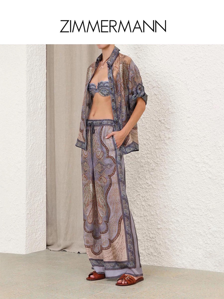 NO:658678,Style No. G25121287 ZIMMERMA*N Zimmerman Australian brand high-end customized cotton and linen retro printed fashion two-piece suit!  Buttoned lapels, buttoned sleeves, loose and fashionable shirts, drawstrings, elastic waist, loose wide-leg trousers!  1.2.3.4/SML19860909款号G25121287 ZIMMERMA*N 兹默曼澳洲品牌 高端定制棉麻复古印花时尚两件套装！系扣翻领扣带袖宽松时尚衬衣抽绳松紧腰宽松阔腿裤长裤！1.2.3.4/SML XL（2码肩宽47,胸围122,袖长38,衣长66；腰围66可松紧,臀围100,裤长99）发,,alexander wang,Women's clothing