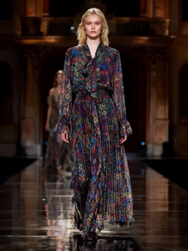 NO:661061,Model No. G25121580 CELIN*E new high-end boutique custom-made fashionable retro print, floating collar, bow tie, waist hugging waist, slim pleated irregular skirt, mid-length temperament and fashionable long-sleeved dress!  Two colors, (S size shoulder width 38, back bust 92 ~ 96, waist 70 elastic, sleeve length 60, skirt length 128), Celine-clothing, celine, celine, skirts,  19860909款号G25121580 CELIN*E新款 高端精品定制时尚复古印花、飘带领系带蝴蝶结腰部打揽收腰显瘦压褶不规则裙摆中长款气质时尚长袖连衣裙！两色,  （S码肩宽38,后胸围92～96,腰围70可弹力,袖长60,裙长128）,赛琳-服装,celine,celine,skirts, ,Women's clothing