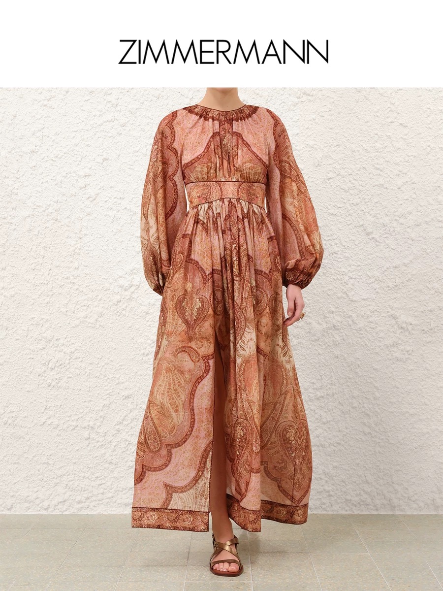 NO:676624,Style No. G25122054 ZIMMERMA*N Australian brand, high-end customized gold thread blended retro printed fabric, exotic holiday style skirt with slit design, waist slimming lantern sleeve mid-length dress!  1.2.3.4 / SMLXL (size 2 bust 82~92, waist 70, raglan sleeve length 71, skirt length 128), Zimmerman-clothing, skirts,19860909款号G25122054 ZIMMERMA*N兹默曼澳洲品牌 高端定制金丝线混纺复古印花面料、异域风情度假风裙摆开叉设计收腰显瘦灯笼袖中长款连衣裙！1.2.3.4 / SMLXL（2码胸围82～92,腰围70,连肩袖长71,裙长128）,兹默曼-服装,skirts,,Women's clothing
