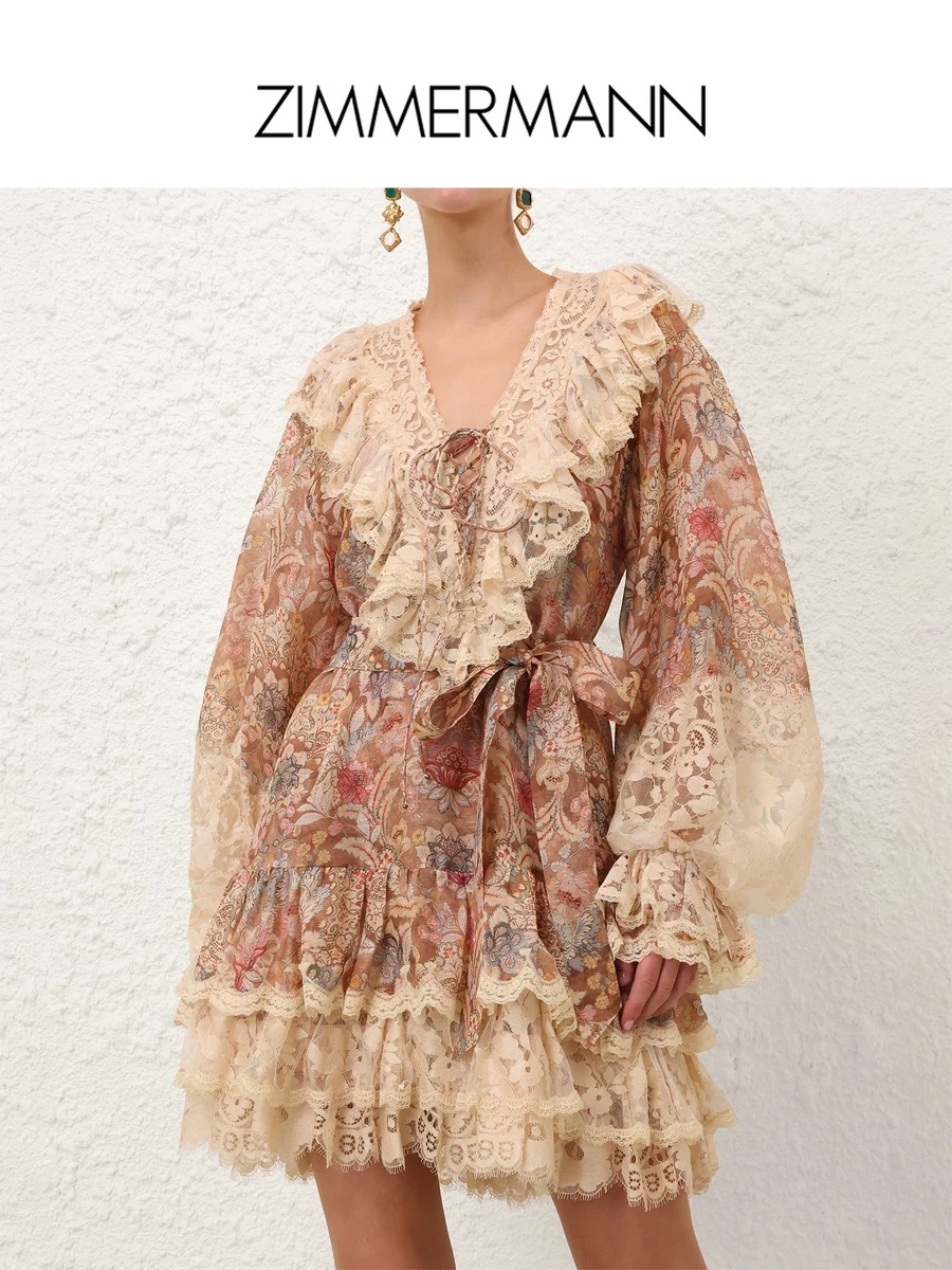 NO:677688,Style number G25122758 ZIMMERMA*N Zimmerman Australian brand fashion week catwalk model, lace ruffle splicing retro printed strap V-neck loose versatile long-sleeved dress solid color inner suspender skirt!  1.2.3.4/SMLXL (size 2, shoulder width 45, bust 98, sleeve length 77, skirt length 95; inner bust 86 super elastic, length 68 excluding shoulder straps), Zimmerman-clothing, skirts,19860909款号G25122758 ZIMMERMA*N 兹默曼澳洲品牌时装周走秀款、蕾丝荷叶边拼接复古印花绑带V领宽松百搭长袖连衣裙纯色内搭吊带打底裙！1.2.3.4/SMLXL（2码肩宽45,胸围98,袖长77,裙长95；内搭胸围86超弹力,长度68不含肩带）,兹默曼-服装,skirts,,Women's clothing
