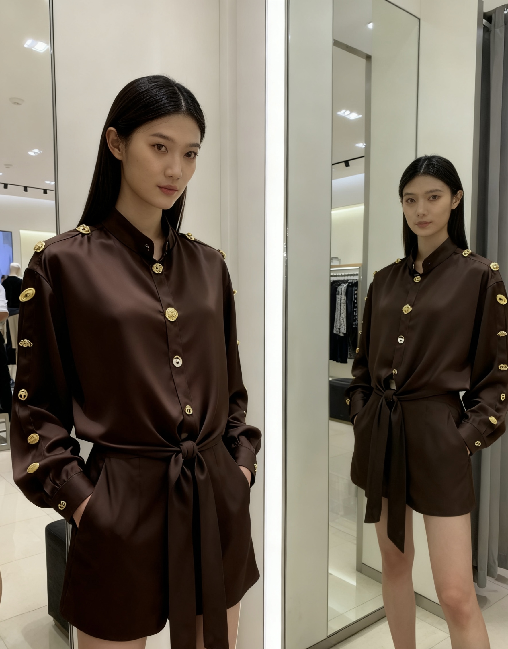 NO:694436,Style No. D26010283 Schiapare*li Schiaparelli’s new high-end customized imitation acetate fabric is smooth and comfortable!  A variety of special-shaped buttons decorated hem strap design short long-sleeved stand-collar shirt!  Beige, brown, black, (M size shoulder width 46, bust 110, sleeve length 54, dress length 43) hair,,19860909款号D26010283 Schiapare*li夏帕瑞利新款 高级感定制仿醋酸面料光滑舒适！多种异形纽扣装饰下摆绑带设计短款长袖立领衬衣！米色、咖啡色、黑色、 （M码肩宽46,胸围110,袖长54,衣长43）发,,,Women's clothing