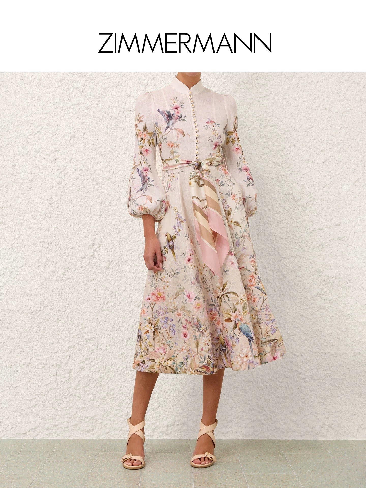 NO:689431,Model No. G26010349 ZIMMERMA*N Zimmerman Australian brand high-end customized fabrics, full of spring bird branches and flower patterns printed with pearls and diamonds single-breasted half-platform small stand-up collar waist slimming mid-length lantern sleeve dress with silk scarf belt!  (Small size shoulder width 32, bust 84, waist 70, sleeve length 53, skirt length 121), Zimmerman-clothing, skirts,19860909款号G26010349 ZIMMERMA*N兹默曼澳洲品牌高端定制面料、春意盎然鸟儿枝头花朵图案印花珍珠镶钻单排扣半开襟小立领收腰显瘦中长款灯笼袖连衣裙配丝巾腰带！ （S码肩宽32,胸围84,腰围70,袖长53,裙长121）,兹默曼-服装,skirts,,Women's clothing