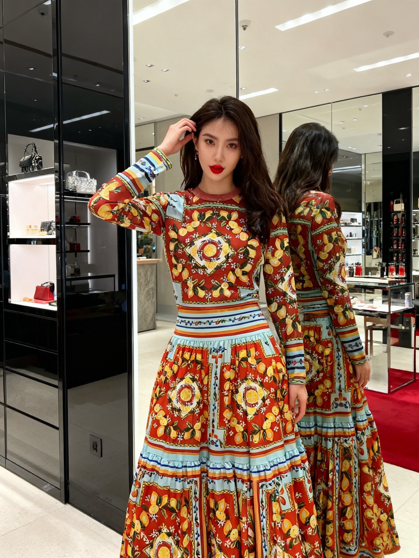 NO:689411,Style number D26010384 & Dolce & Gabbana DG* new fashionable two-piece suit with lemon green leaf color block printing!  Slim-fitting round neck long-sleeved mesh top with segmented splicing and large hem long high-waisted skirt!  (L size shoulder width 39, bust 86, sleeve length 60, dress length 59; waist 74, skirt length 98), Dolce & Gabbana-clothing, Dolce&Gabbana, skirts,19860909款号D26010384 &杜嘉班纳DG*新款 柠檬绿叶拼色印花时尚两件套装！修身显瘦圆领长袖网纱上衣分段拼接大裙摆长款高腰半身裙！ （L码肩宽39,胸围86,袖长60,衣长59；腰围74,裙长98）,杜嘉班纳-服装,Dolce&Gabbana,skirts,,Women's clothing