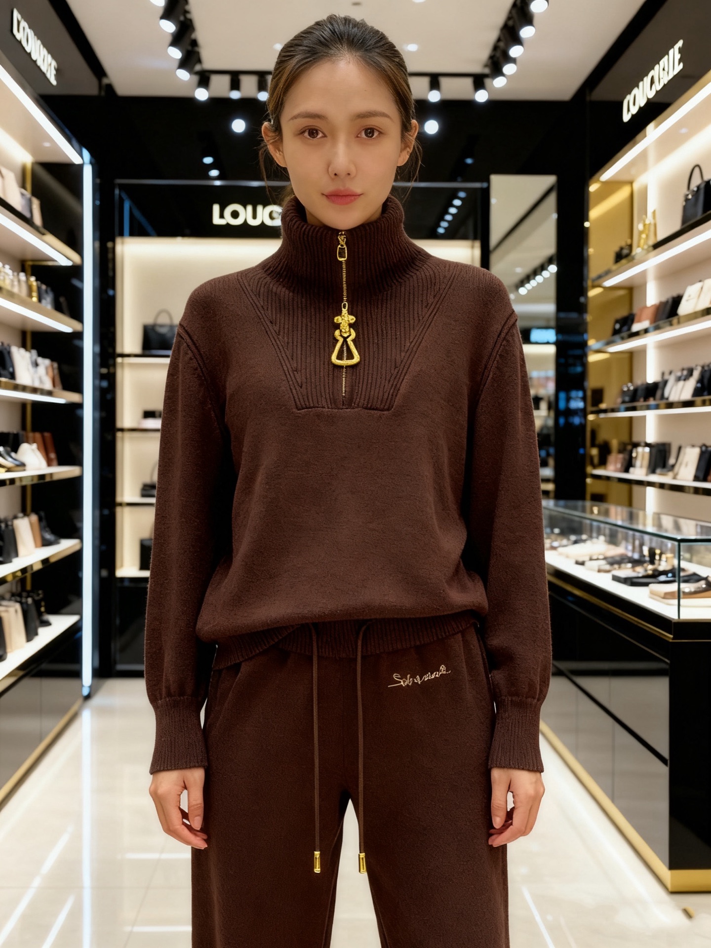 NO:701959,Style number G26010643 Schiapare*li Schiaparelli’s new high-end customized fashionable casual knitted suit!  Large golden pendant half-zip placket lapel long-sleeved pullover sweater with gold thread embroidered logo logo loose legged sports knitted pants!  Brown, black, (M size shoulder width 45, bust 104, sleeve length 60, clothing length 63; waist 52 elastic, hip 92, pants length 113), women's clothing,19860909款号G26010643 Schiapare*li夏帕瑞利新款 高端定制时尚休闲针织套装！金色大吊坠半拉链门襟翻领长袖套头针织衫金线刺绣logo徽标宽松束脚运动针织裤！咖啡色、黑色、 （M码肩宽45,胸围104,袖长60,衣长63；腰围52可弹力,臀围92,裤长113）,女装,,Women's clothing