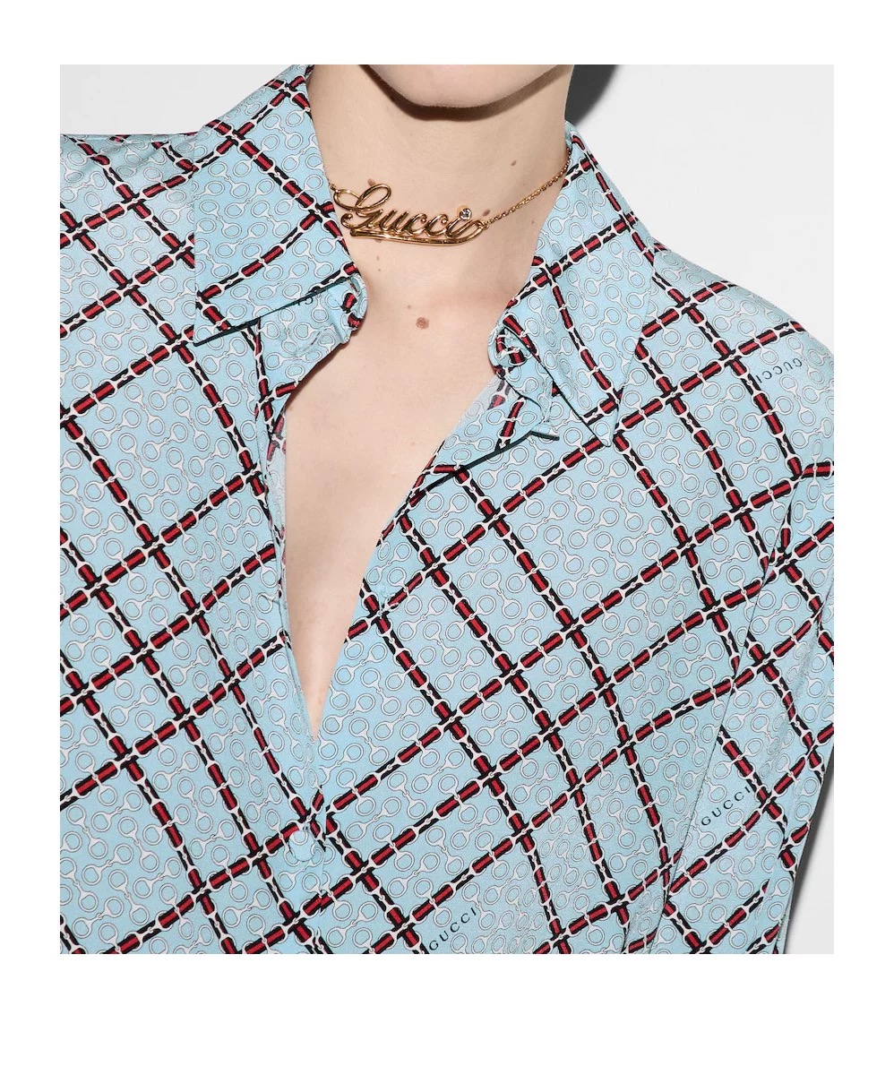 NO:701002,Model No. D26010928 GUCC* new style, all-over letter logo, horsebit plaid print, loose and fashionable buttoned lapel, long-sleeved shirt decorated with streamers and bows!  (M size shoulder width 37, chest 102, sleeve length 60, dress length 65), Gucci-clothing, gucci, gucci,19860909款号D26010928 GUCC*新款 通体字母logo马衔扣格纹印花 宽松时尚系扣翻领飘带蝴蝶结装饰长袖衬衣！ （M码肩宽37,胸围102,袖长60,衣长65）,古驰-服装,gucci,gucci,,Women's clothing
