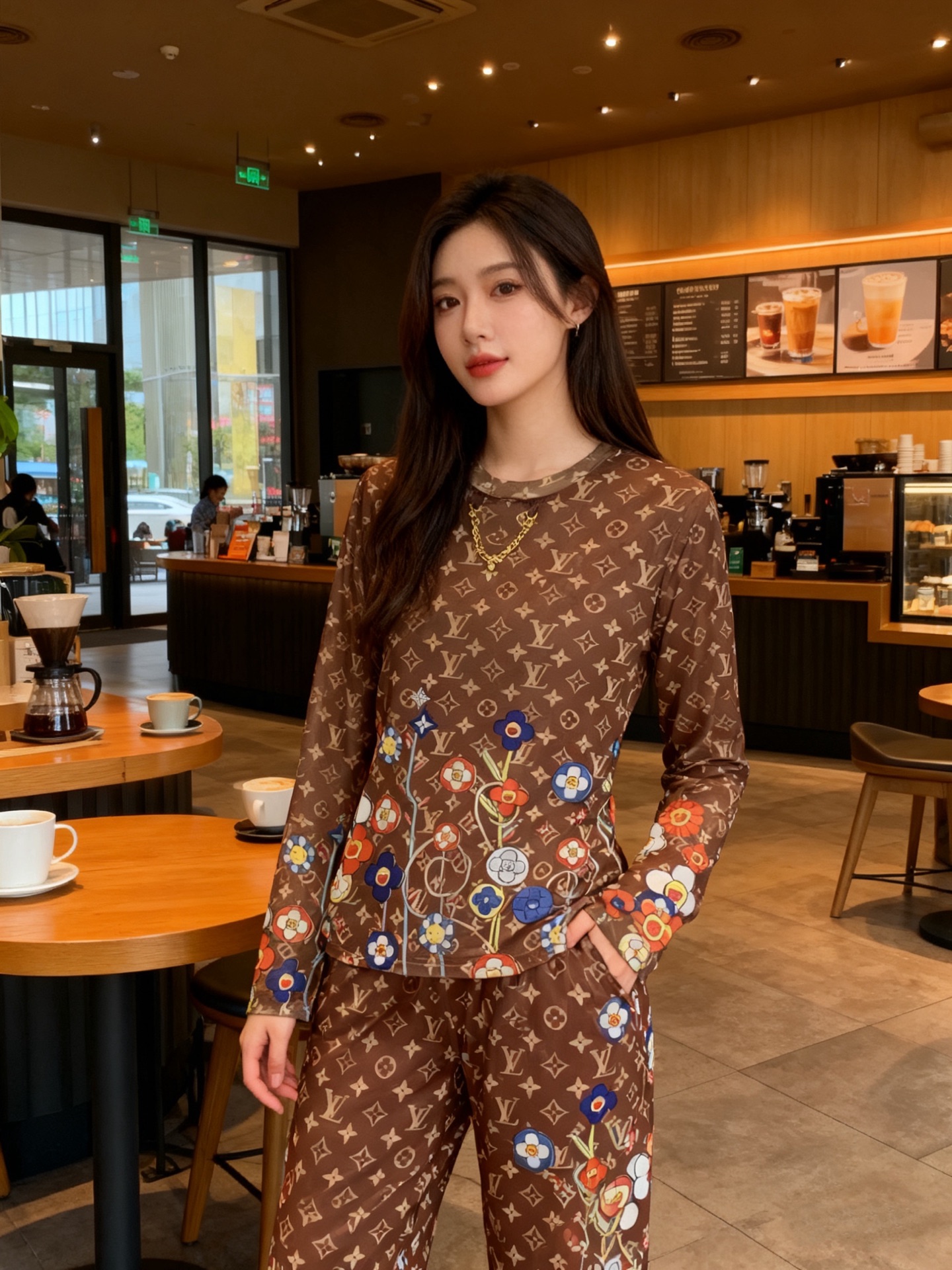 NO:709654,Style No. D26011352 LOUIS*LV’s new classic presbyopic letter logo printed fashionable two-piece suit!  Slim-fitting, round-neck, long-sleeved mesh top with elastic waist and side pockets, loose straight-leg wide-leg trousers!  Brown color, (L size shoulder width 38, bust 84, sleeve length 59, dress length 59; waist 66 elastic, hip 98, pants length 99) Hair,, louis vuitton, louis vuitton, louis vuitton, louis vuitton,19860909款号D26011352 LOUIS*驴家LV新款 经典老花字母logo印花时尚两件套装！修身显瘦圆领长袖网纱上衣松紧腰侧插口袋宽松直筒阔腿裤长裤！咖色, （L码肩宽38,胸围84,袖长59,衣长59；腰围66可弹力,臀围98,裤长99）发,,louis vuitton,louis vuitton,louis vuitton,louis vuitton,,Women's clothing