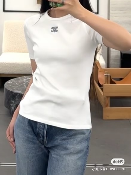 款号G CELIN*思琳新款 高端定制凯旋门logo刺绣徽标简约时尚气质百搭圆领短袖t恤上衣！藏蓝色、白
