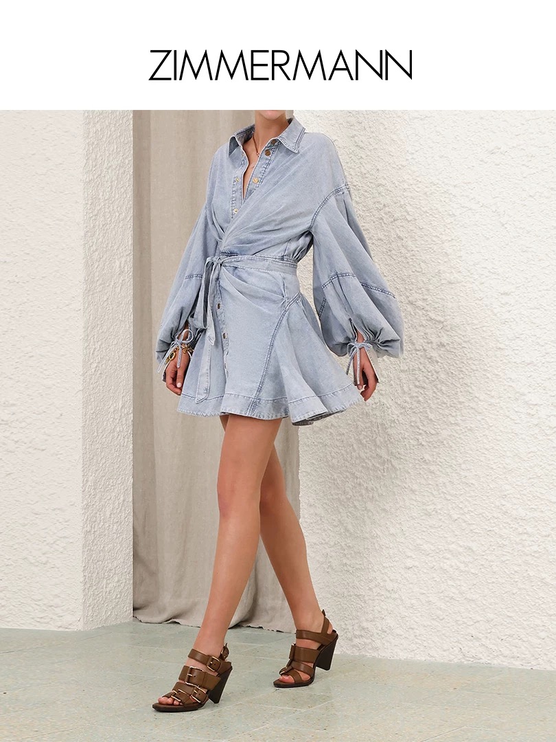 NO:702715,Model No. G26011486 ZIMMERMAN* Zimmerman Australian brand, high-end customized washed soft denim fabric, simple temperament, pinch pleats and personalized design, straps, lantern sleeves, button placket, lapels, mid-length dress!  1.2.3.4/SMLXL (size 3 shoulder width 58, bust 110~114, waist 80, sleeve length 66, skirt length 84), Zimmerman-clothing, skirts,19860909款号G26011486 ZIMMERMAN*兹默曼澳洲品牌 高端定制洗水软牛仔面料、简约气质捏褶个性设计绑带灯笼袖系扣门襟翻领中长款连衣裙！1.2.3.4/SMLXL（3码肩宽58,胸围110～114,腰围80,袖长66,裙长84）,兹默曼-服装,skirts,,Women's clothing