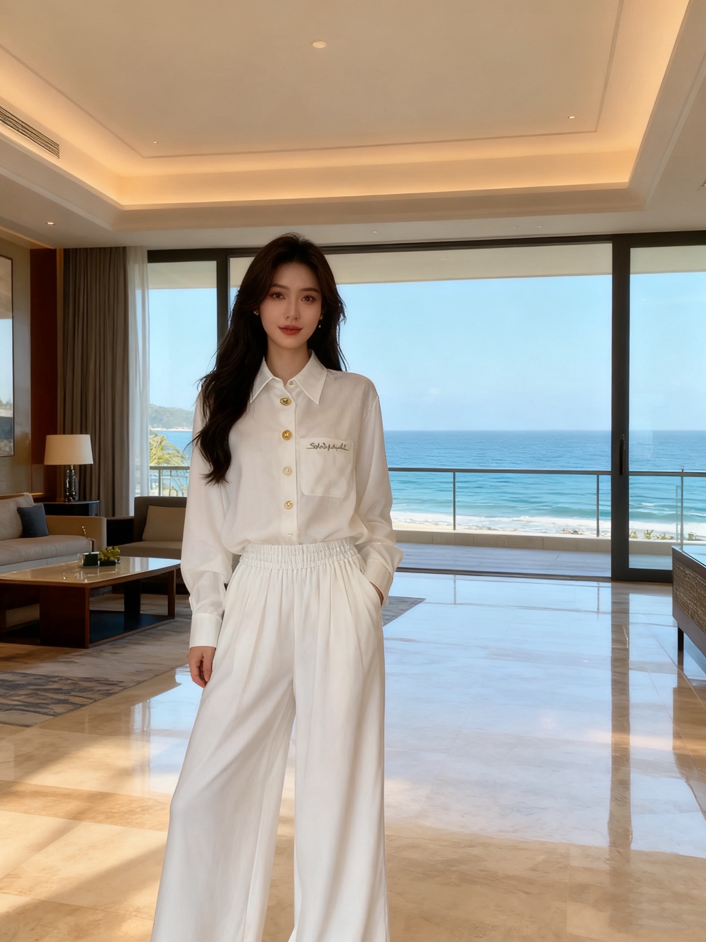 NO:712717,Style No. D26011588 Schiapare*li Schiapareli's new early spring style, customized linen fabric, breathable and comfortable, European and American fashionable and casual two-piece suit!  A variety of special-shaped buttons, fly pockets, letter logos, loose and versatile lapel long-sleeved shirts, elastic waist, gold key decoration, loose wide-leg trousers!  White, black, brown, (M size shoulder width 47, chest 106, sleeve length 59, dress length 68; waist 62 elastic, pants length 106) Hair,,19860909款号D26011588 Schiapare*li夏帕瑞利早春新款 定制亚麻面料透气舒适欧美时尚休闲两件套装！多种异形纽扣门襟口袋字母logo宽松百搭翻领长袖衬衣松紧腰金钥匙装饰宽松阔腿长裤！白色、黑色、咖色、 （M码肩宽47,胸围106,袖长59,衣长68；腰围62有弹力,裤长106）发,,,Women's clothing