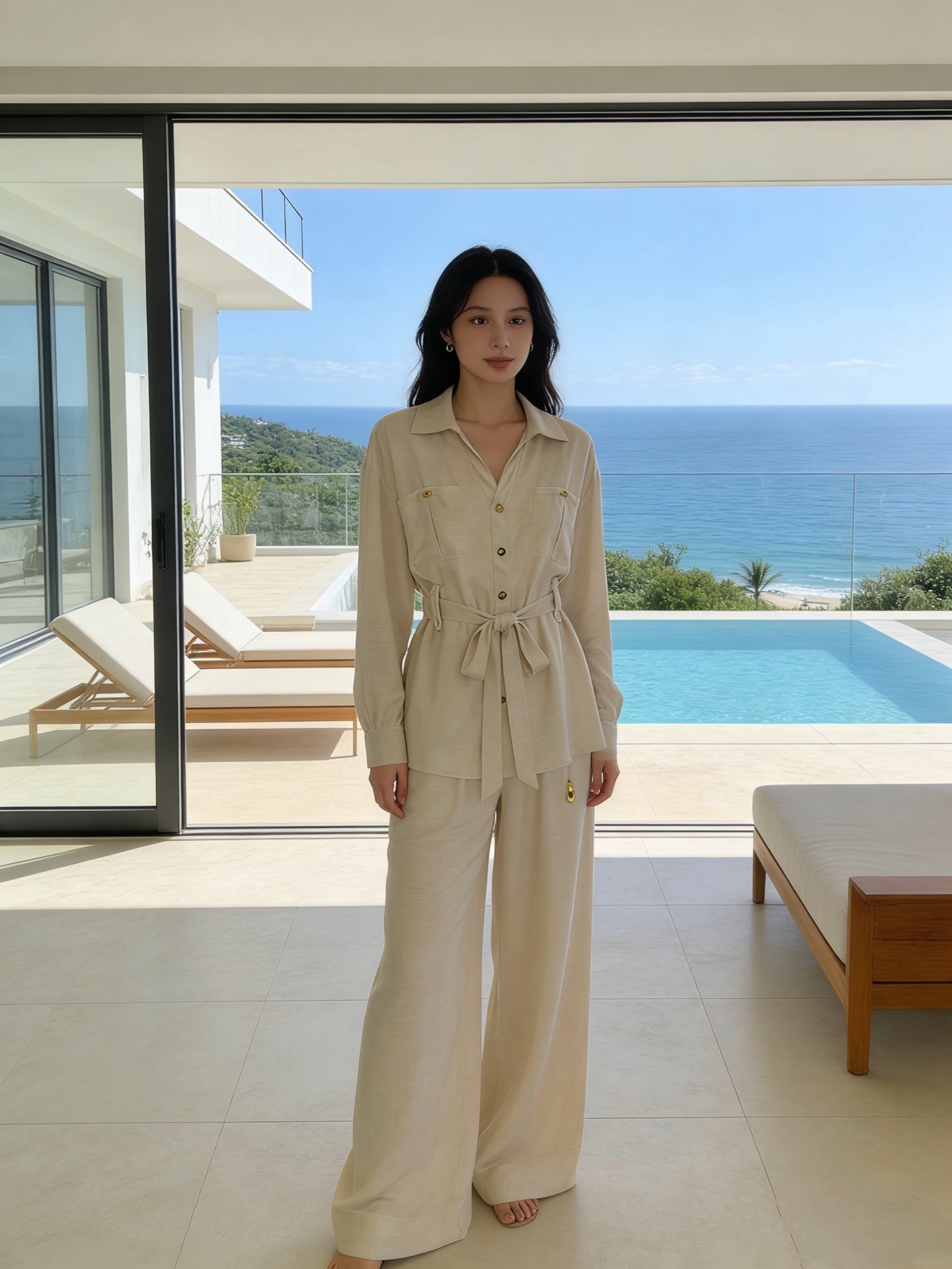 NO:713035,Style No. D11682 Schiapare*li Schiapareli's new early spring style, customized linen fabric, breathable and comfortable, European and American fashionable and casual two-piece suit!  A variety of special-shaped button placket waistbands, loose and versatile V-shaped lapels, long-sleeved shirts, elastic waists, loose wide-leg trousers!  Apricot, black, brown, recommended for those weighing 110 to 140 pounds (M size shoulder width 53, bust 122, sleeve length 53, dress length 75; waist 68 to 78 elastic, hip 116, pants length 107),,19860909款号D11682 Schiapare*li夏帕瑞利早春新款 定制亚麻面料透气舒适欧美时尚休闲两件套装！多种异形纽扣门襟腰带收腰宽松百搭V字翻领长袖衬衣松紧腰宽松阔腿长裤！杏色、黑色、棕色、 建议110～140斤穿（M码肩宽53,胸围122,袖长53,衣长75；腰围68～78松紧,臀围116,裤长107）,,,Women's clothing