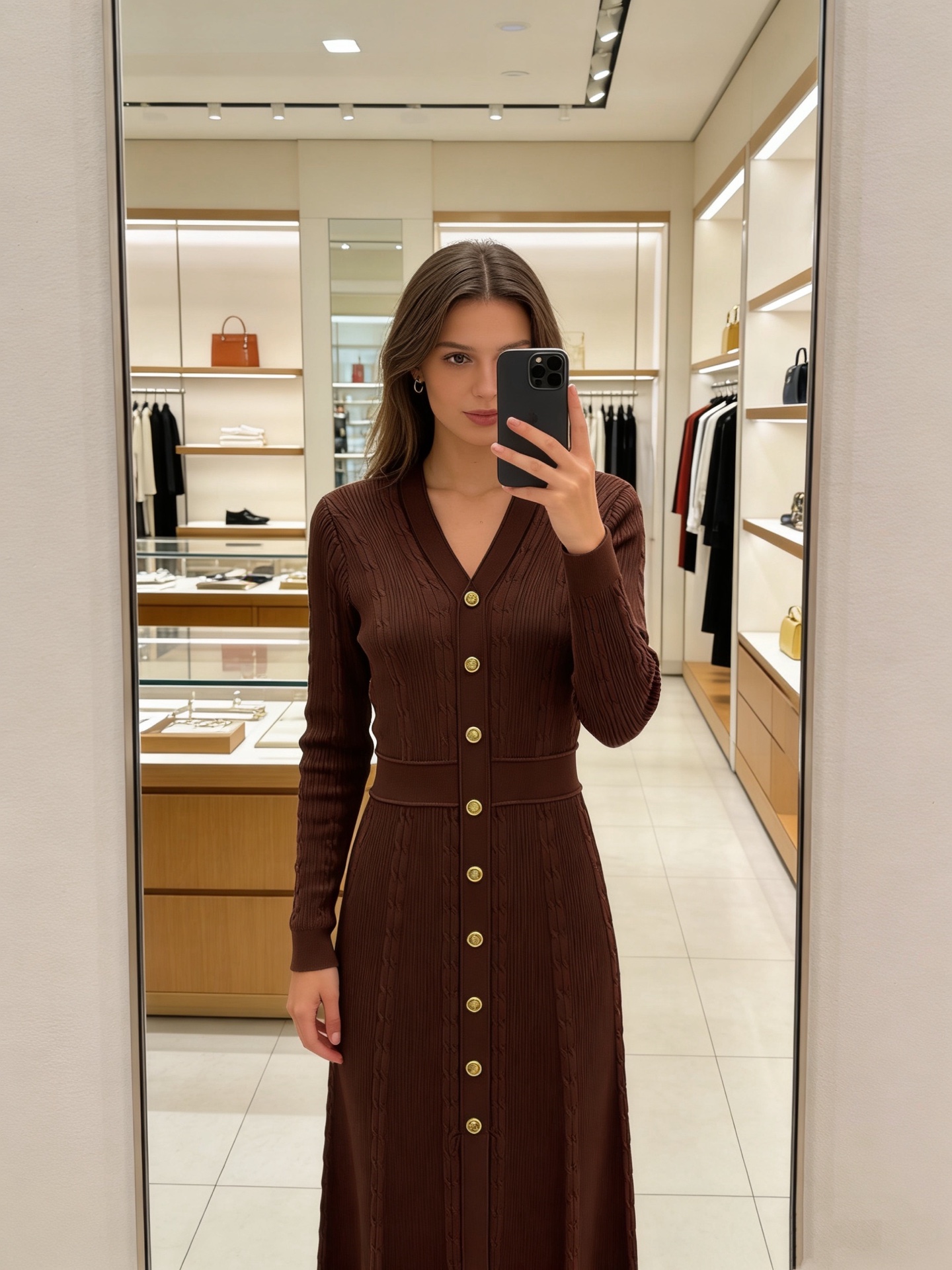 NO:714174,Model No. G26011928 Maje French singles new single-breasted decorative slim fit V-neck long-sleeved knitted skirt with hemp pattern long dress!  Dark brown, (M size bust 70, waist 56, sleeve length 55, skirt length 118), women's clothing, skirts,19860909款号G26011928 Maje法单新款 单排扣装饰修身显瘦V领长袖针织裙麻花纹长款连衣裙！深棕色, （M码胸围70,腰围56,袖长55,裙长118）,女装,skirts,,Women's clothing