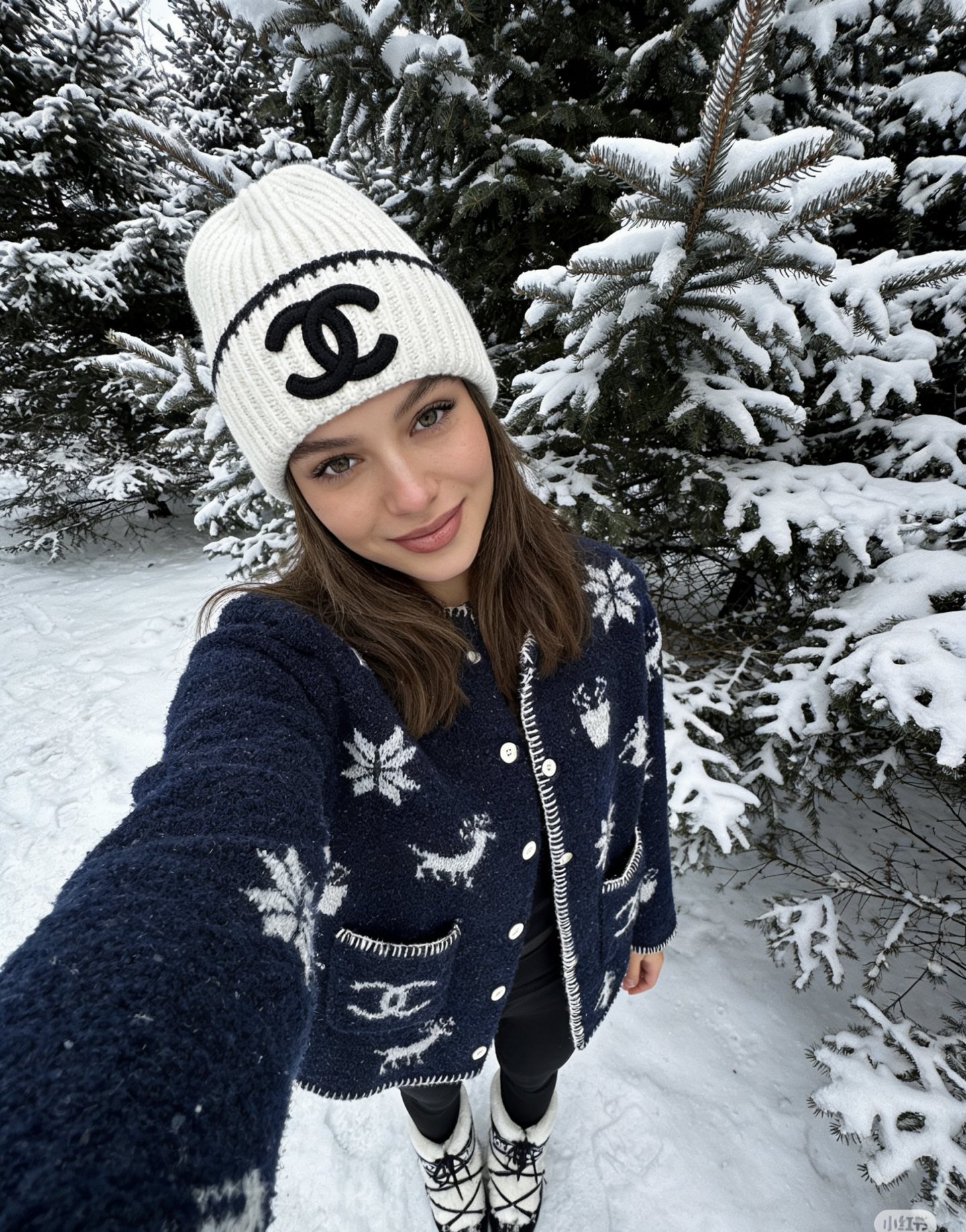 款号G CHANE*L新款 高端定制羊毛纱线混纺面料、雪花❄️小鹿🦌图案双C口袋系扣门襟圆领长袖针织开衫