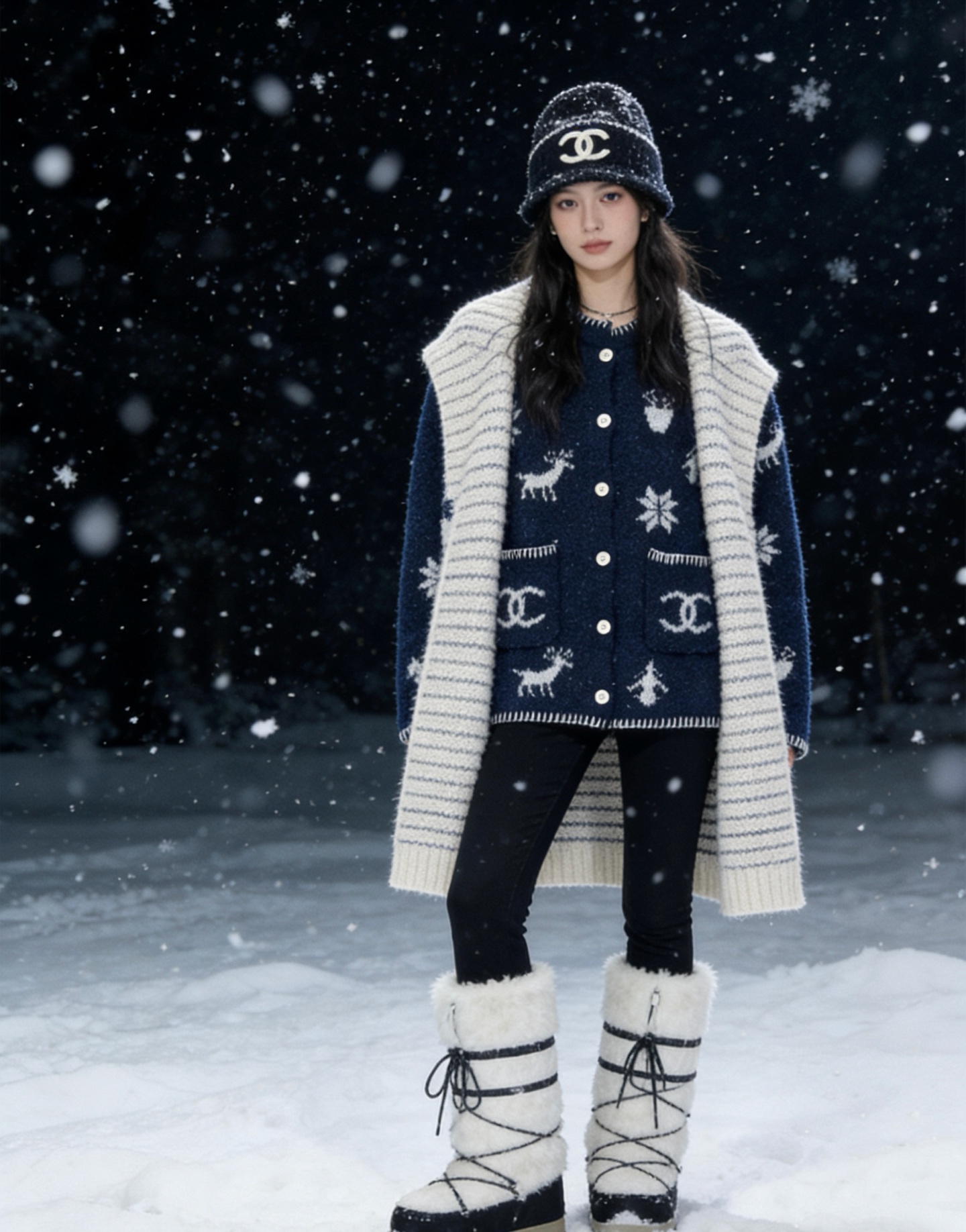 NO:714160,Model number G26011957 CHANE*L new high-end customized wool yarn blended fabric, snowflake deer pattern double C pocket button placket round neck long-sleeved knitted cardigan top!  Navy blue, 36-38-40 (M size shoulder width 39, bust 94, sleeve length 56, dress length 58), Chanel-clothing, chanel, chanel,19860909款号G26011957 CHANE*L新款 高端定制羊毛纱线混纺面料、雪花小鹿图案双C口袋系扣门襟圆领长袖针织开衫上衣！藏蓝色,36-38-40（M码肩宽39,胸围94,袖长56,衣长58）,香奈儿-服装,chanel,chanel,,Women's clothing