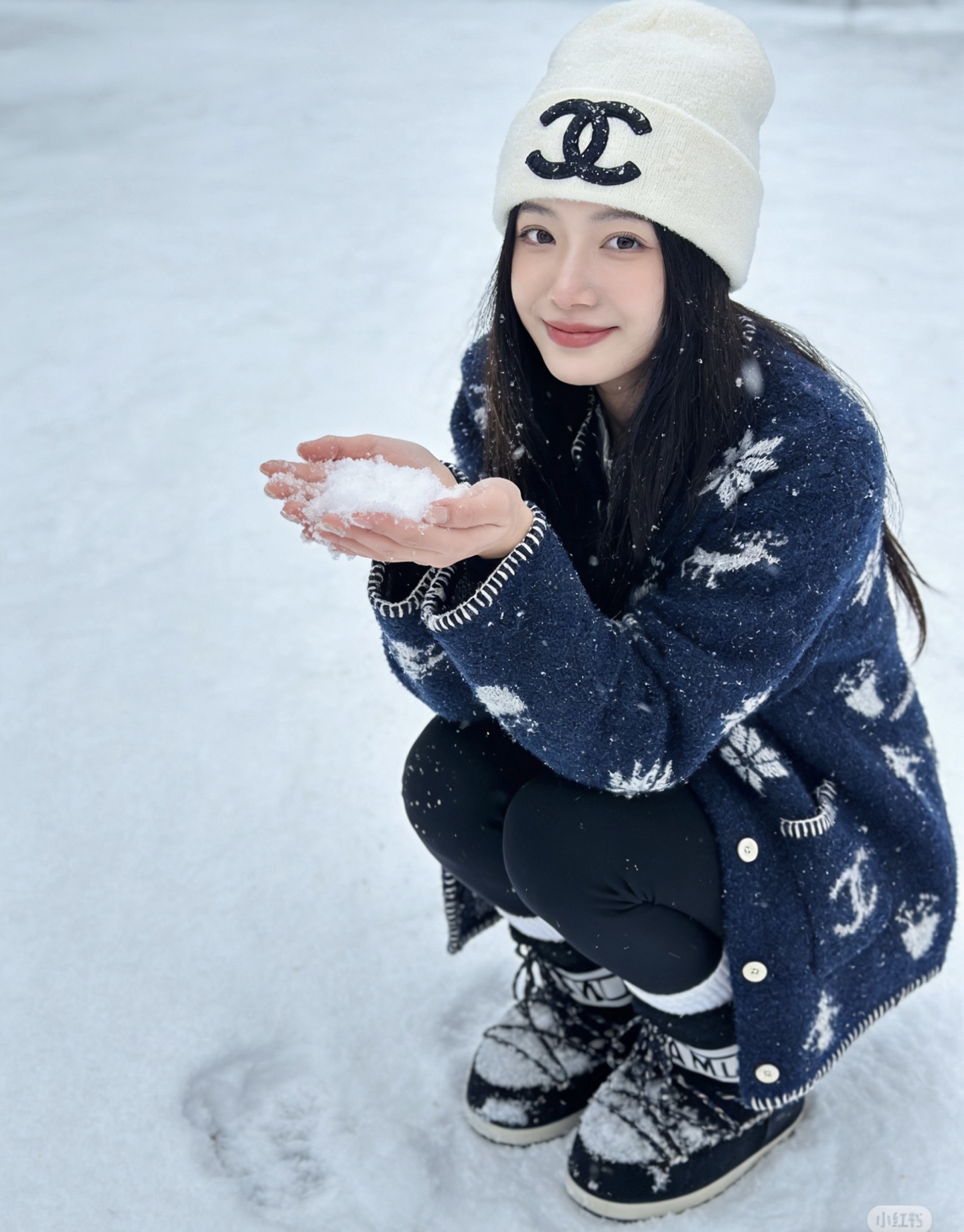款号G CHANE*L新款 高端定制羊毛纱线混纺面料、雪花❄️小鹿🦌图案双C口袋系扣门襟圆领长袖针织开衫
